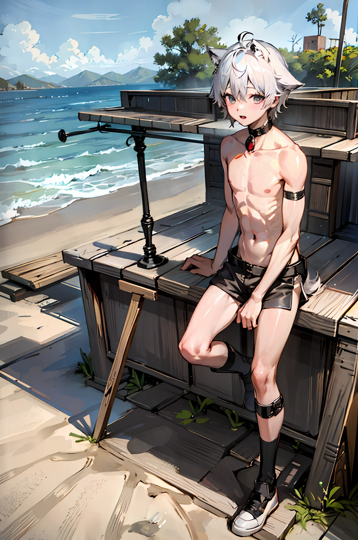 Shota Cute short boy full nude Big eyes bust Thin boy White hair 4k wolf ears