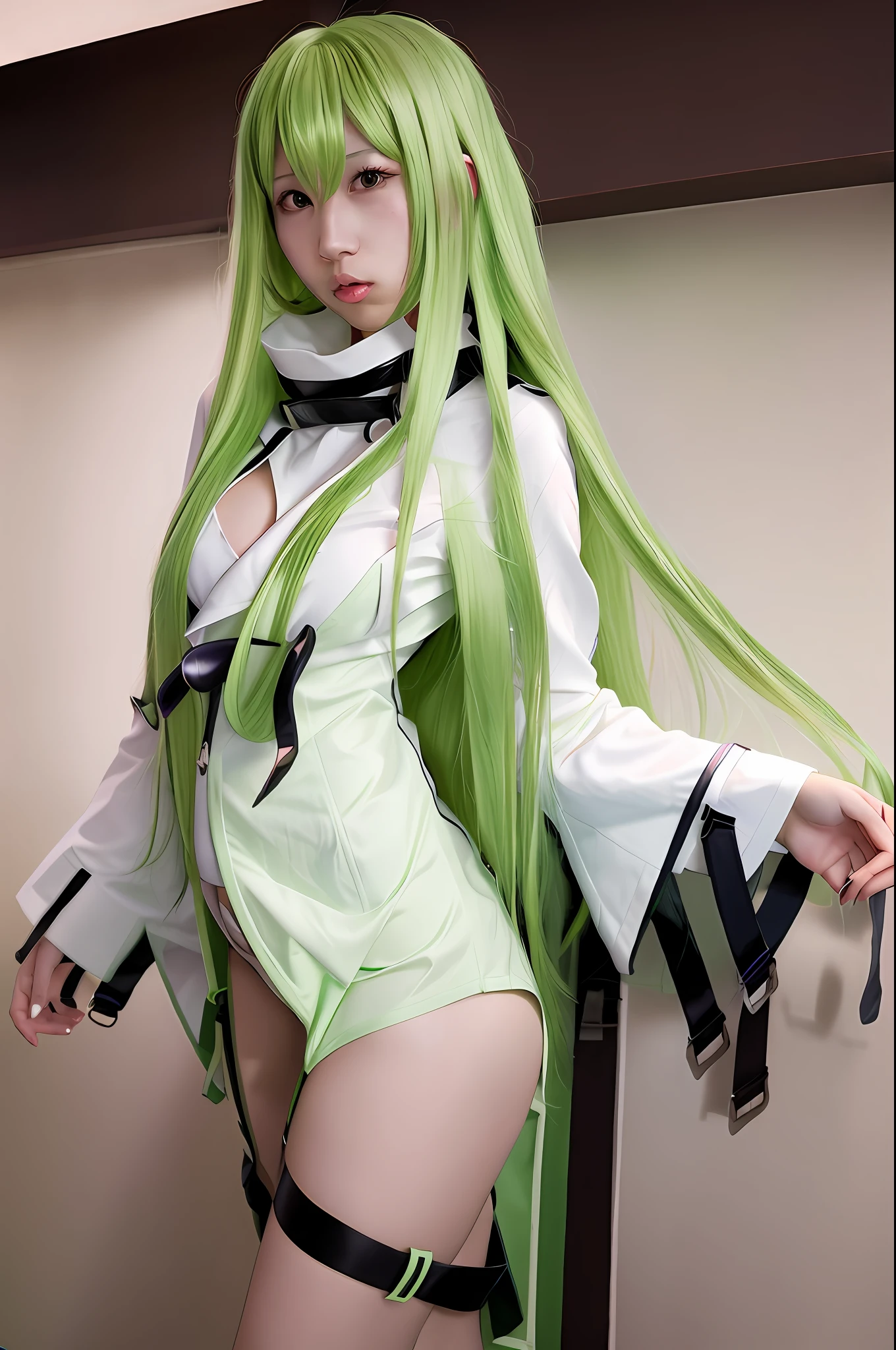 nsfw,Best Quality, Ultra High Definition, 1 Girl, Cosplay, Realistic, Green Hair, Long Hair, Stitjacket, Upper Body, (((Half Undress))),((Open Clothes)),Nipple,