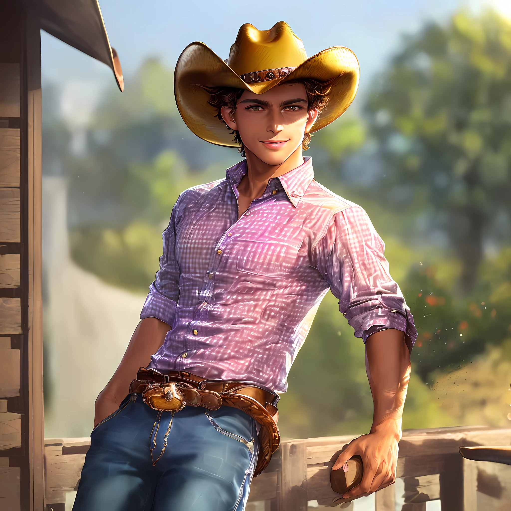 masterpiece, best quality, (dramatic illumination, intense color contrast), (solo), (young man, fit, short brown hair, green eyes, tanned skin, (wearing cowboy hat:1.3), (wearing gingham button-down shirt:1.2), (wearing jeans), (cradling chick in hands), (outdoors at country fair), smiling, detailed lips, detailed face, detailed skin,