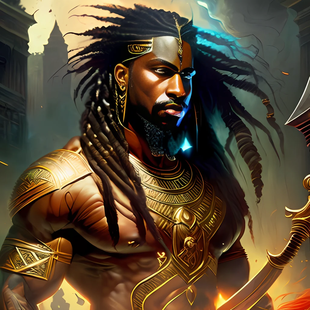 Highly (dynamic:1.2) scene art detailed (rutkowski:1.2), ((pharaoh knife in hand)), (angry expression), handsome, (dark skin), ((long woven dreadlocks)) ((muscular)), (fantastic amazing decoration:1.2), explosive volumetric, Delightful anatomy, (fantastic god perfect art, 64k ultra hd:1.1), (art by apterus, art by dan mumford:1.2)