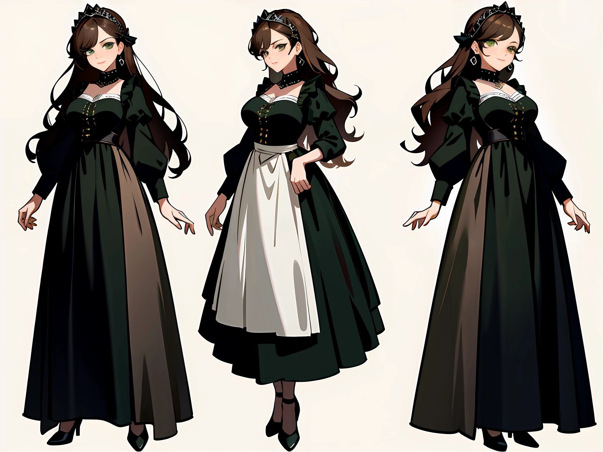 Masterpiece: 1.6, best quality: 1.4, live image: 1.2, intricate details: 1.2, charturnerv2: 1.2, 1lady full body character change,
Appearance: milf: 1.25, thin: 1.3, green eyes, medium breasts, detailed eyes, quality eyes,
Clothing: black dress with apron, black heels,
Accessories: pearl earrings, headband,
Hair: brown hair, long hair, semi curly hair,
Makeup: natural, shiny skin,
(single background, white background: 1.3), multiple views, multiple views of the same character in the same outfit: 1.3.