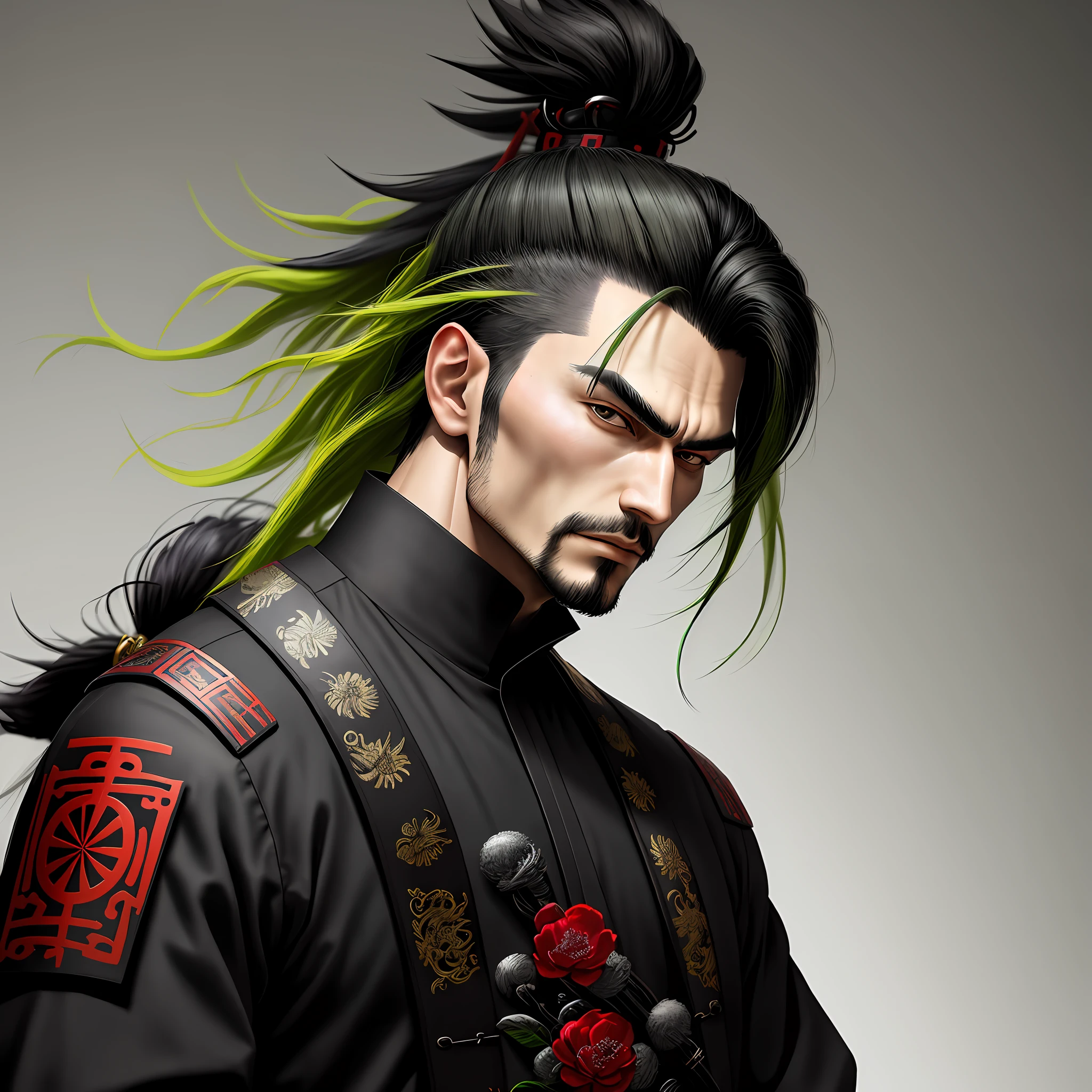 masterpiece, best quality, 1 Male , adult, hair Green with black , Samurai ,Symbolism,Art, Beautiful, Beautiful, Cheerful, Black Clothing