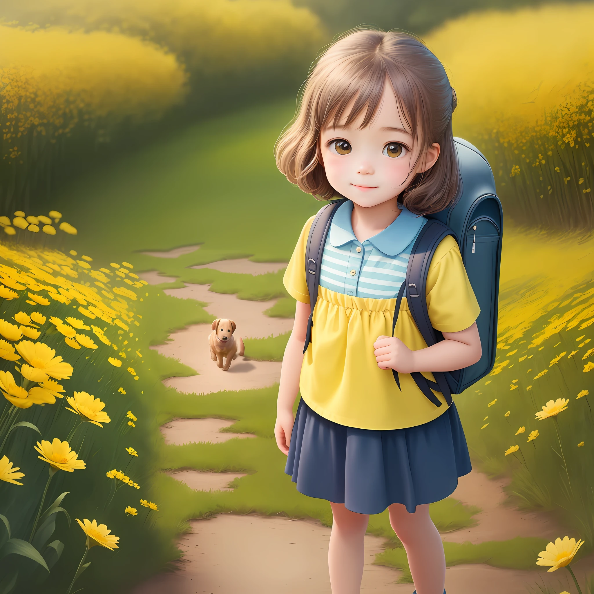 Tip: A very charming ****** girl with a backpack and her cute puppy enjoying a lovely spring outing surrounded by beautiful yellow flowers and nature. The illustration is a high-definition illustration in 4k resolution, featuring highly detailed facial features and cartoon-style visuals.