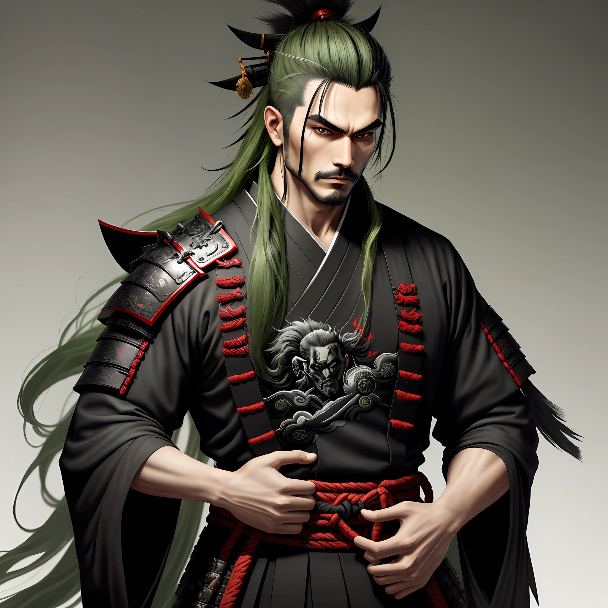 masterpiece, best quality, 1 Male , adult, hair Green with black , Samurai ,Symbolism,Art, Beautiful, Beautiful, Cheerful, Black Clothing
