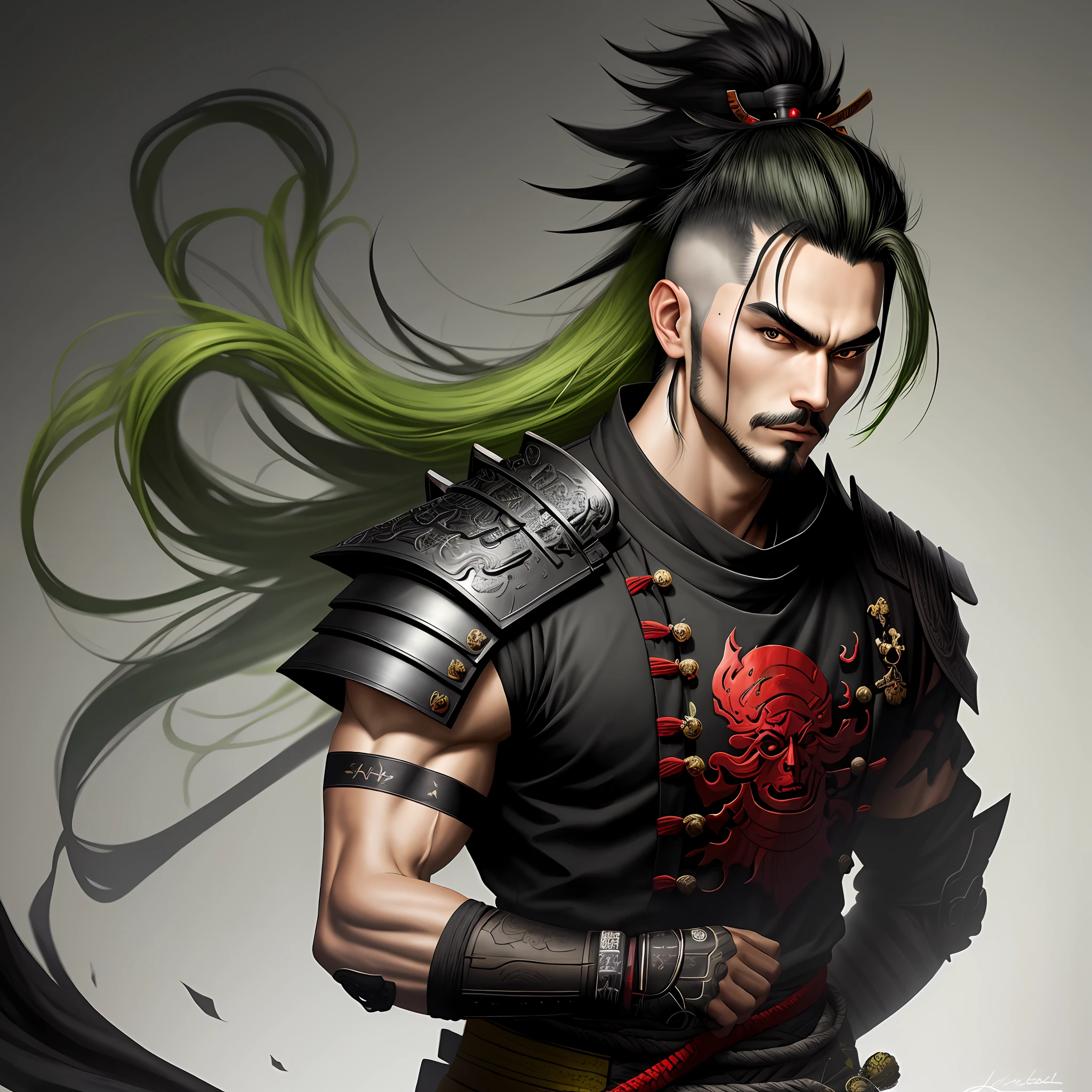 masterpiece, best quality, 1 Male , adult, hair Green with black , Samurai ,Symbolism,Art, Beautiful, Beautiful, Cheerful, Black Clothing