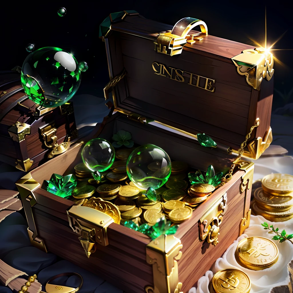 emeralds floating in soap bubbles, anthill, treasure chest, fantasy, jewelry, golden coins