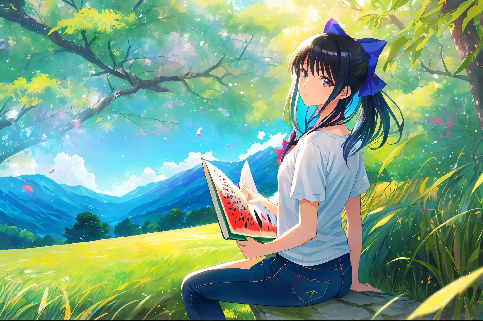 (photorealistic:1.2), illustrated by Hidenori Matsubara, vibrant fantasy landscape, peaceful place, a small pretty girl, only her back, don't look at the viewers, black hair, jean pants, T-shirt, pretty bow, reading book, gloomy, watermelon, grass, colorful, nature, high quality, watermelon, afternoon, background is bigger than girl