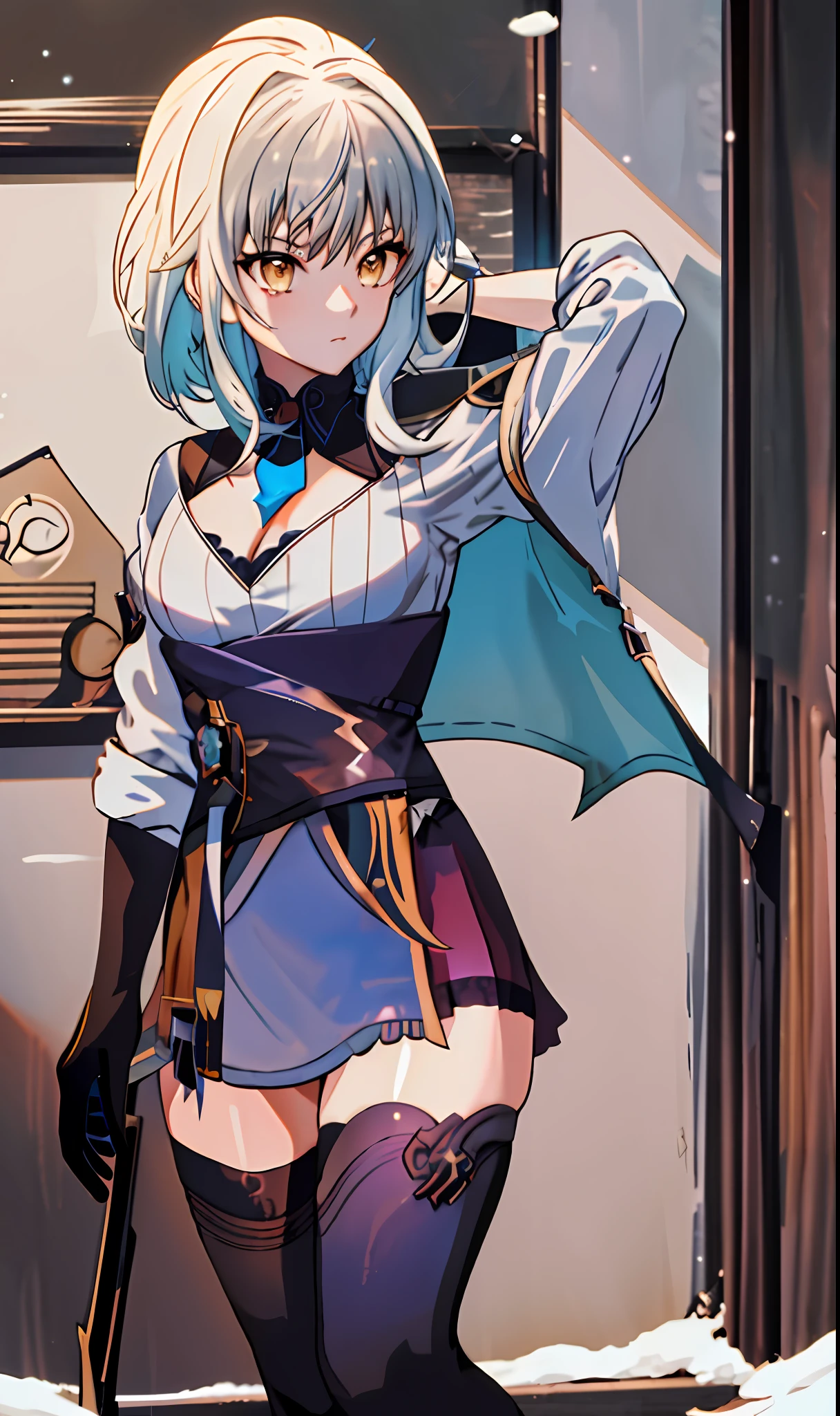 ((masterpiece, best quality)), (1girl),((mature female)), lightblue hair,thighhighs, hairband, thighs, long sleeves, gloves,  bangs, dark golden yellow eyes, medium hair, leotard, hair ornament, black hairband, shoulder cutout, black thighhighs, blue necktie, (large breasts:1.2), (busty),armpits, tying hair,curvy,cleavage,confident, [wide hips],snowing,nature, eula \(genshin impact\), pov, cat ears