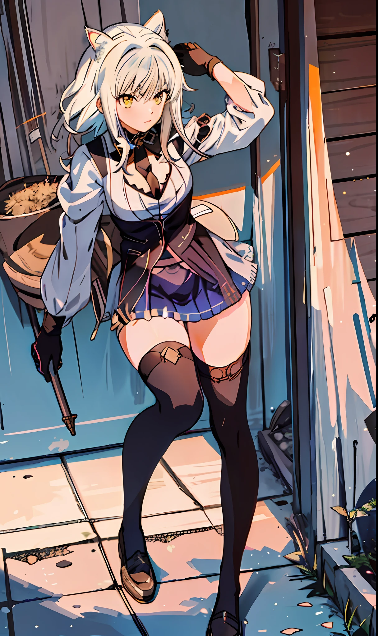 ((masterpiece, best quality)), (1girl),((mature female)), lightblue hair,thighhighs, hairband, thighs, long sleeves, gloves,  bangs, dark golden yellow eyes, medium hair, leotard, hair ornament, black hairband, shoulder cutout, black thighhighs, blue necktie, (large breasts:1.2), (busty),armpits, tying hair,curvy,cleavage,confident, [wide hips],snowing,nature, eula \(genshin impact\), pov, cat ears