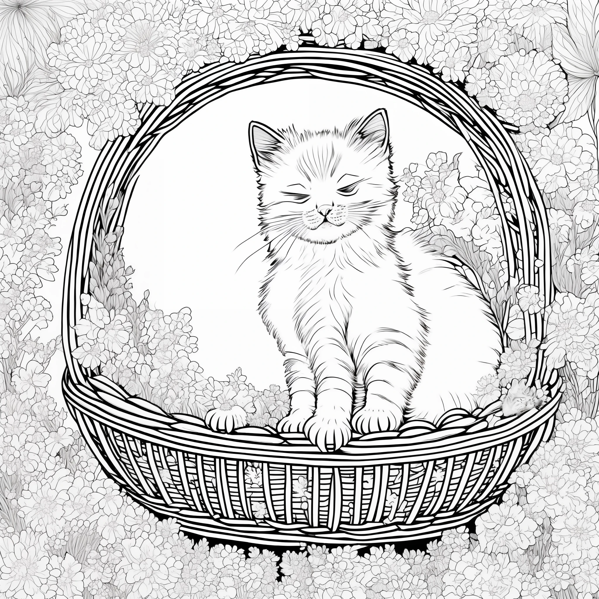 ((A cute little cat slepping in a basket)), intricate details, thin lines, simple, (white background), line art detailed, full page, on paper, black and white, flowers around, 8k resolution, coloring book for kids.