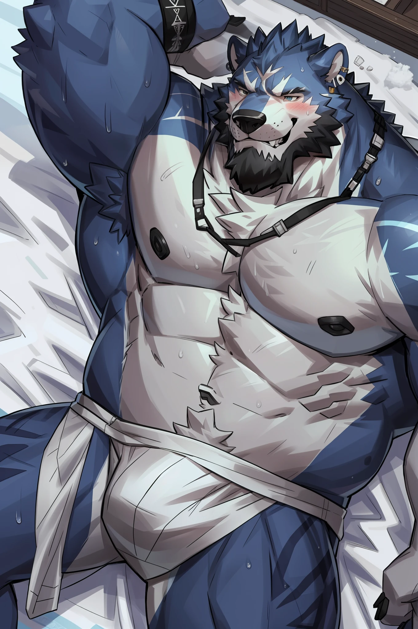 (morning), 1volibear, 独奏, 看着观众, winter, smile,肌肉男,beard,middle-aged,white fundoshi,close-up,lying in,stud earrings,nipple ring,sweat,drooling,blush sticker,wet