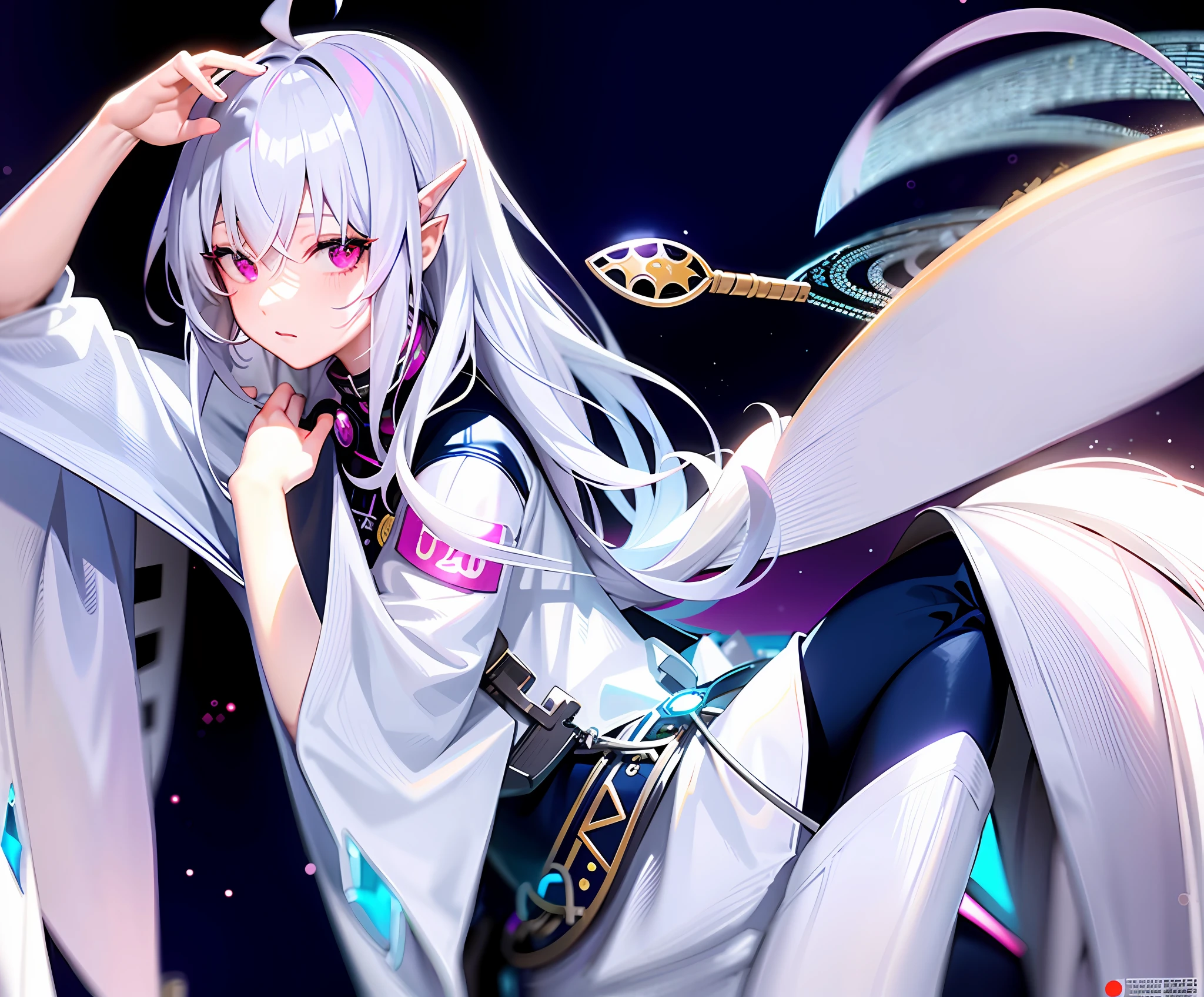 Anime girl with long white hair and pink eyes, god with white hair, white hair, white hair, tsuaii, official artwork, lady with white hair, anime cover, official art, key anime art, girl with white hair, pink delicate eyes, cyberpunk clothes, elf girl, summer wallpaper, HD details, best quality