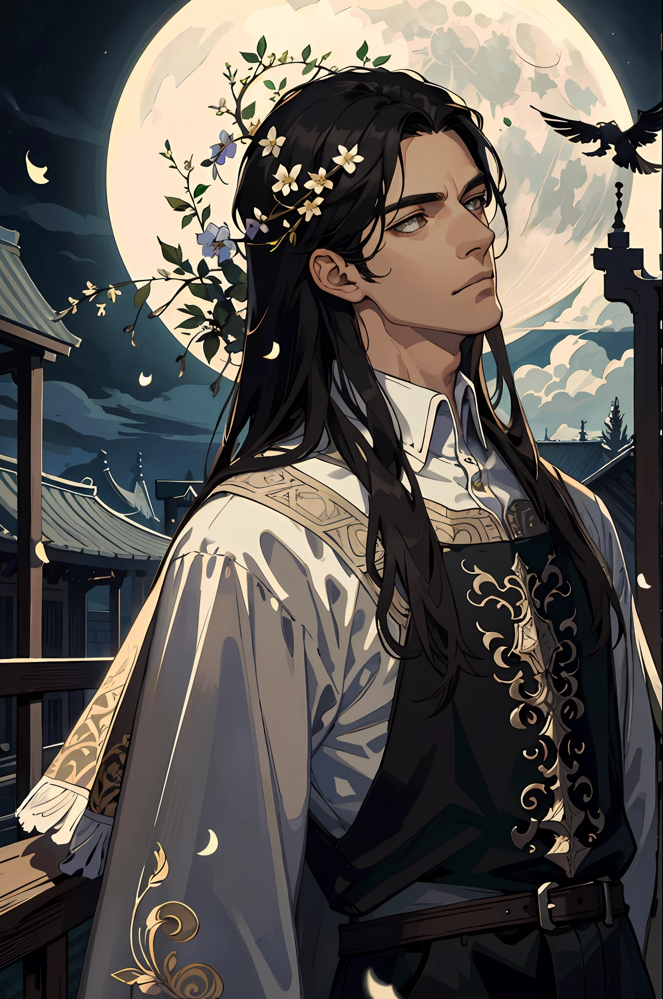 masterpiece, best quality, 1 male, adult, tall muscles, handsome, delicate eyes, intricate details, long black hair, brown eyes, intricate details, antique, night, (dark theme), cinematic lighting, colorful, portrait, flying petals, flowered meadow, cloudy sky, architecture, moon, light, pavilion, cowboy shot