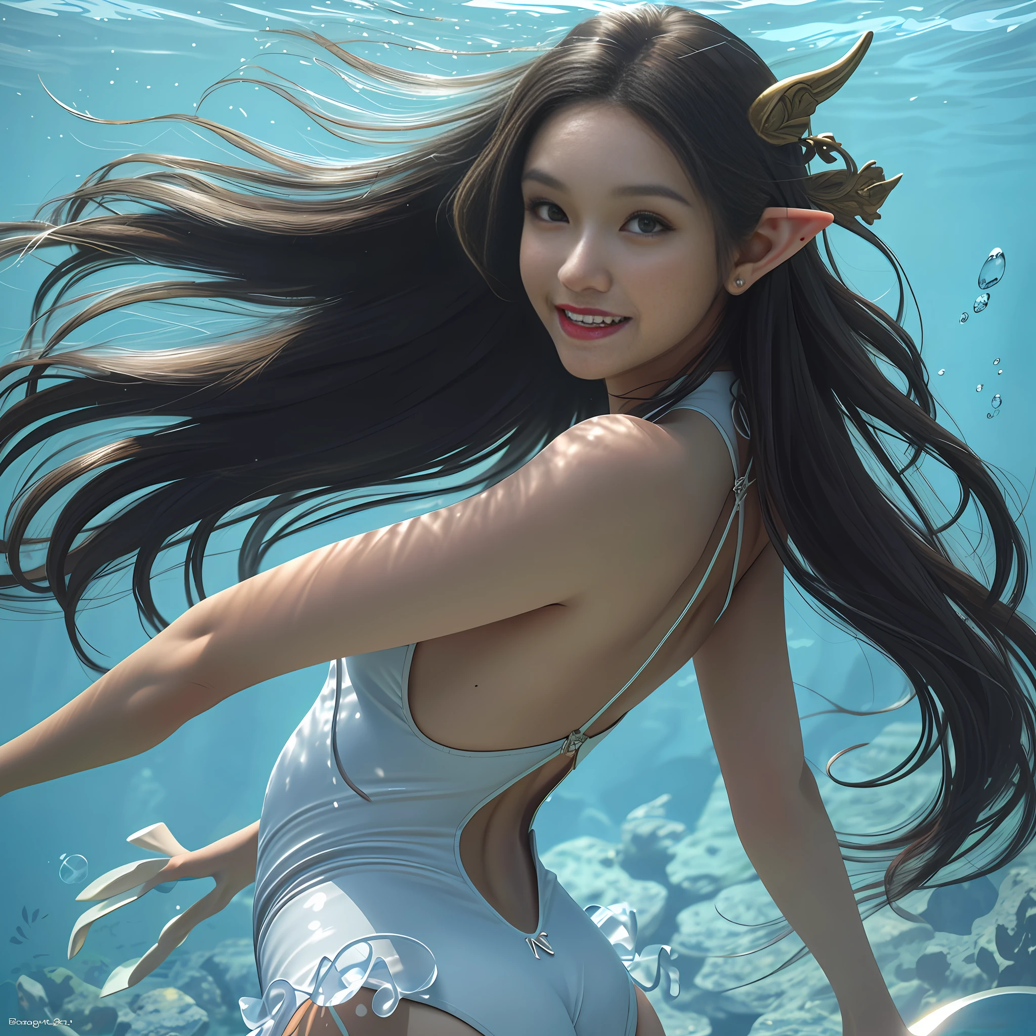 (Best Quality, Masterpiece: 1.4), (Realism: 1.2), (Absurdity: 1.2), 4K, Detailed, Ultra Detailed, Detailed Face, (Ultra Detailed Eyes: 1.2), Underwater, Sexy Beauty, One-piece Swimsuit, (Naked Back: 1.3), Smile, High Split End, Long Legs, Looking Back, Floating Long Black Hair, Point Ears, Elf Ears
