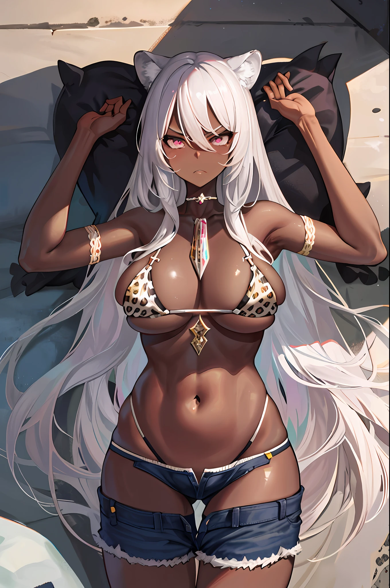 Bedroom, lying, silver hair, solo, shorts, navel, gal, open clothes, leopard print bikini, micro bikini, blush, angry face, protruding areola, (dark skin: 1.1), huge breasts, pov, wet crotch