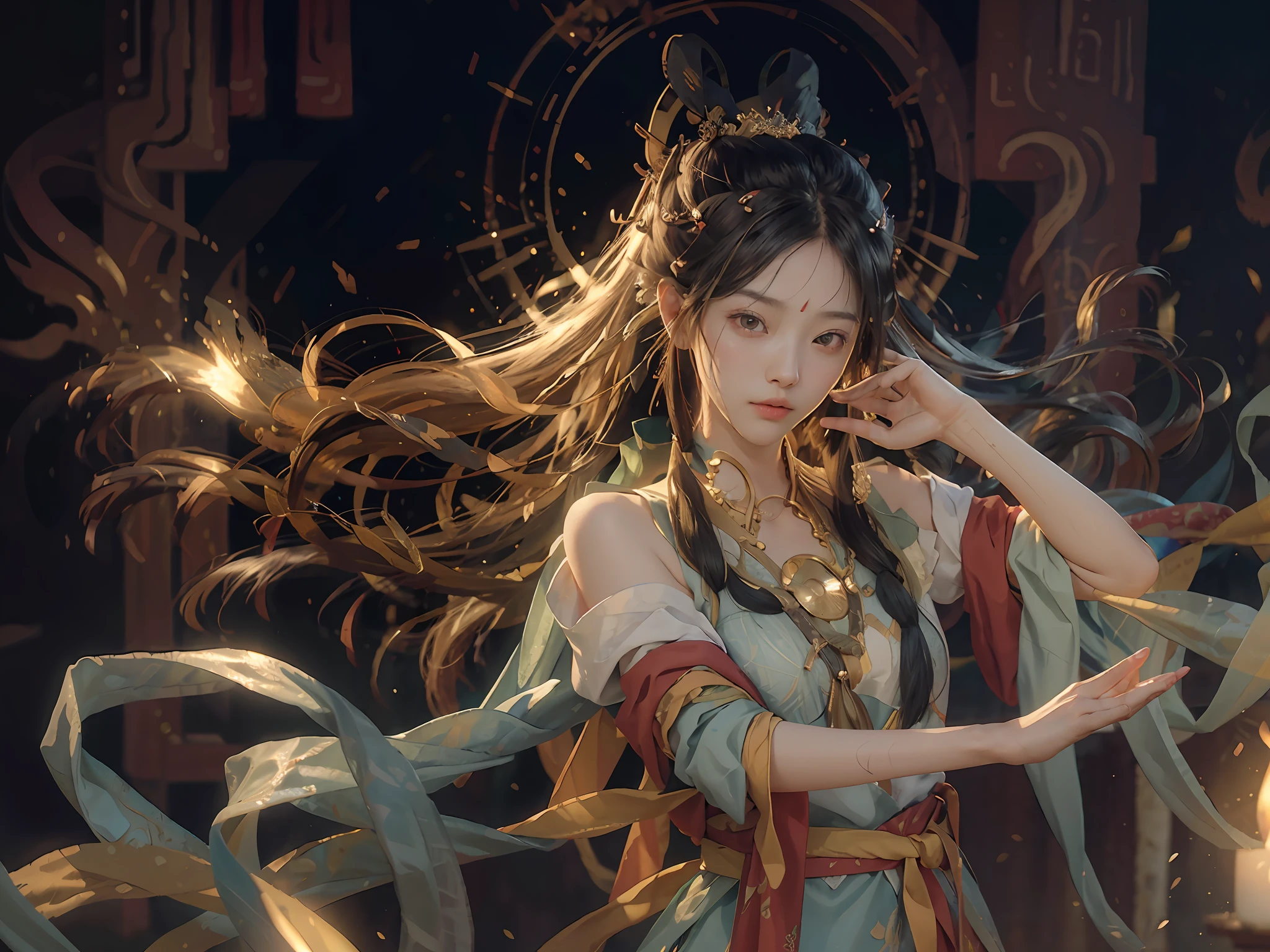 (RAW photo, best quality), (realistic, photo-realistic:1.3), best quality, highly detailed, masterpiece, ultra-detailed, illustration, 1girl, upper_body, dynamic angle, world mastery theater, messy_long_hair,best quality, extremely detailed CG unity 8k壁纸，墨水，惊人，性感，电影灯光，lens_flare，dunhuang_style