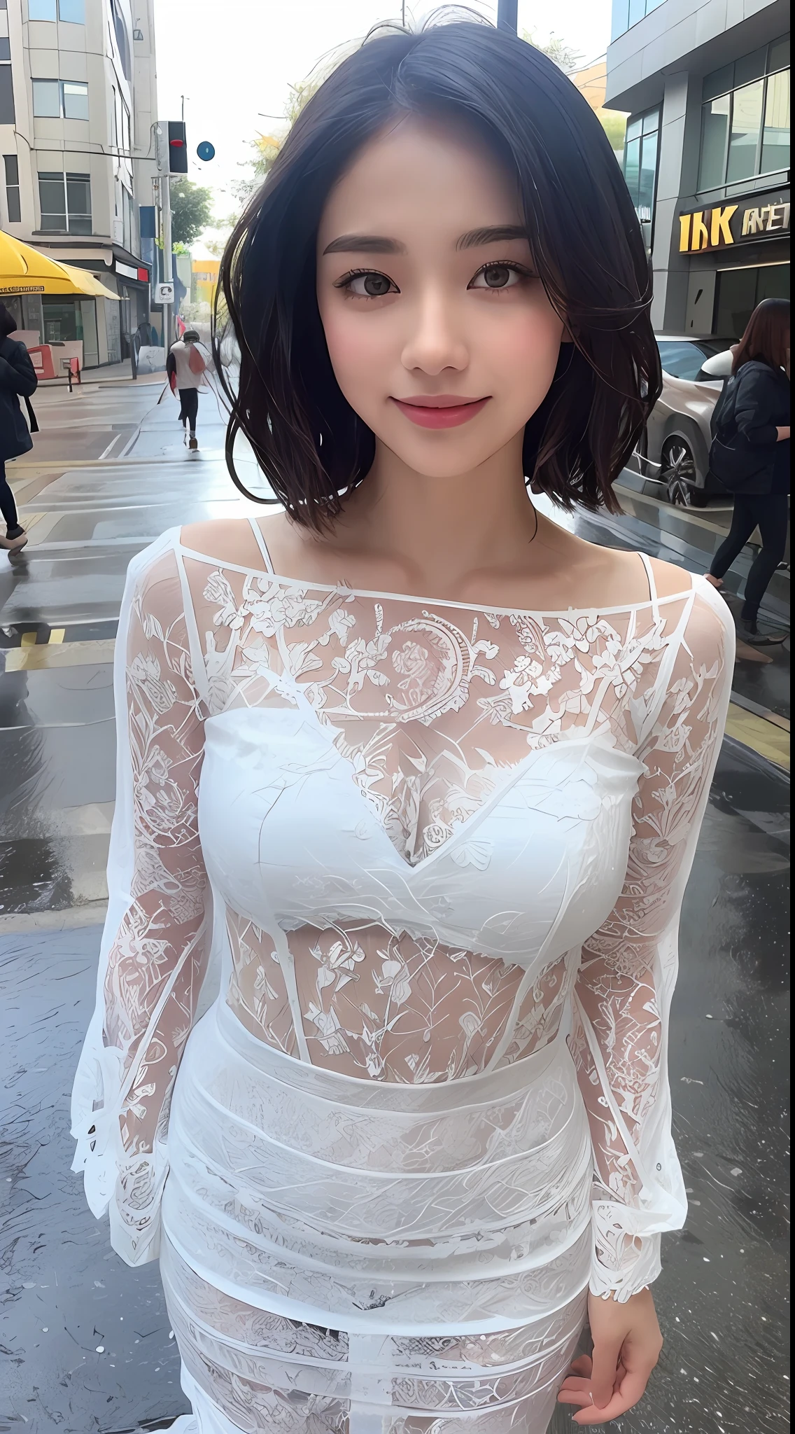 ((Best Quality, 8k, Masterpiece:1.3)), Focus: 1.2, Perfect Body Beauty: 1.4, Buttocks: 1.2, ((Layered Haircut, Breasts: 1.2)), (Wet Clothes: 1.1) , (Rain, Street:1.3), Bandeau Dress: 1.1, Highly Detailed Face and Skin Texture, Fine Eyes, Double Eyelids, Whitened Skin, Long Hair, (Shut Up: 1.3), Smile, Paper Cut Art, (Layered silhouettes):1.2, 
intricate patterns, delicate craftsmanship, 
shadow play, depth and dimension, creative expression
