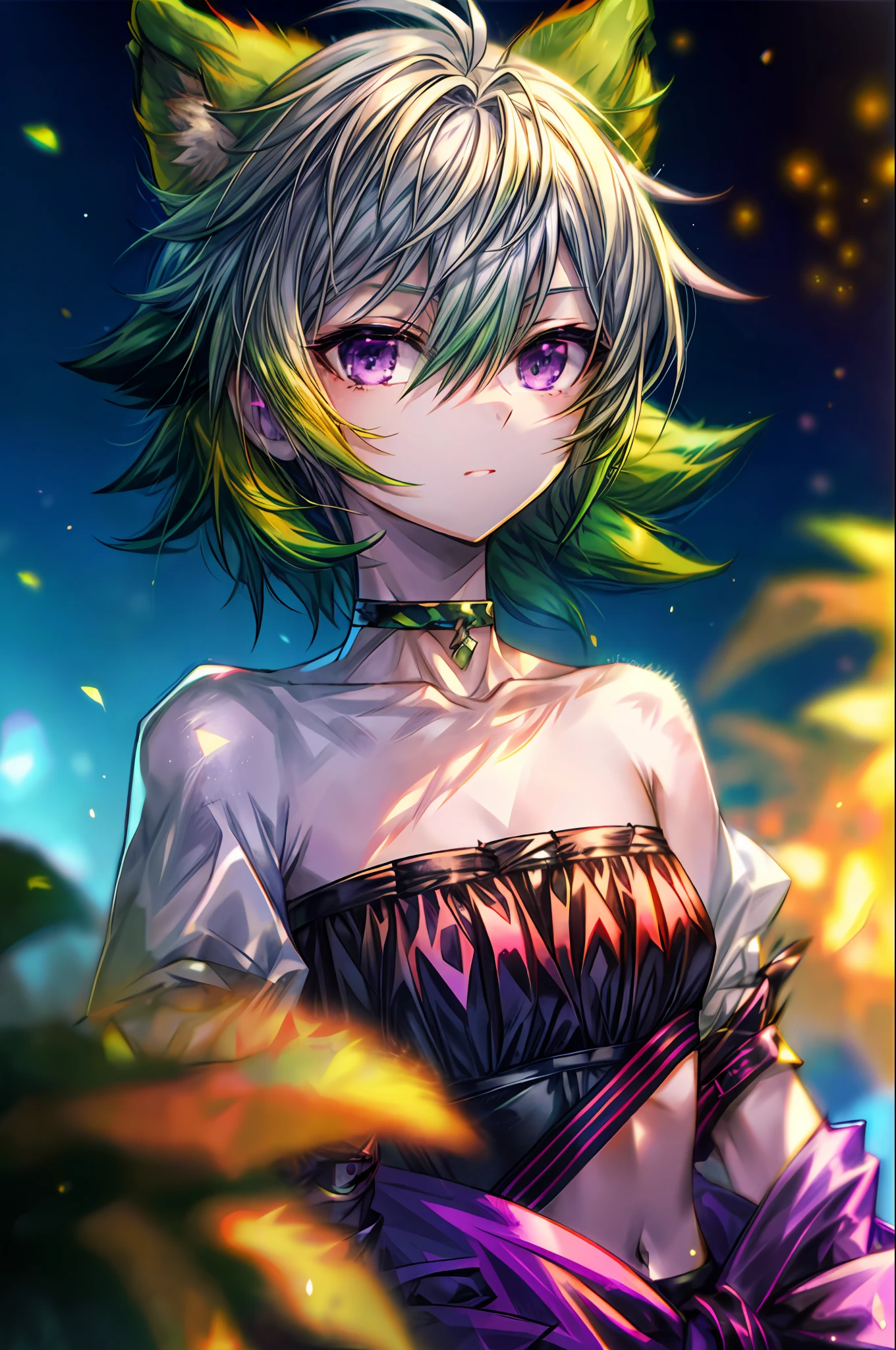 1girl, chromatic aberration, depth of field, purple eyes, green hair, short hair, messy hair, hair between the eyes, beautiful eyes, upper body, afterimage, burrs, silver trim, golden choker,--v 5