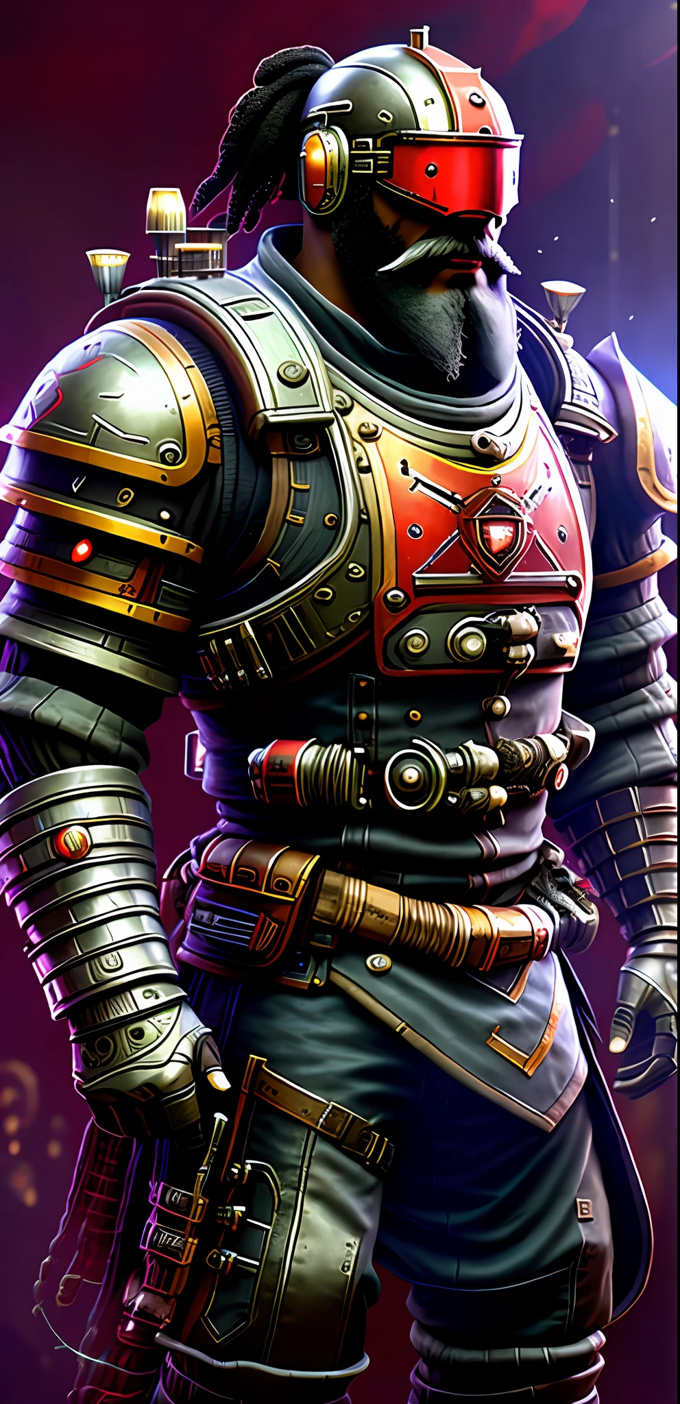 Adult black man, black beard, a red futuristic armor, a big red shield, Newcastle_(apex legends character), realistic, ultra detailed.