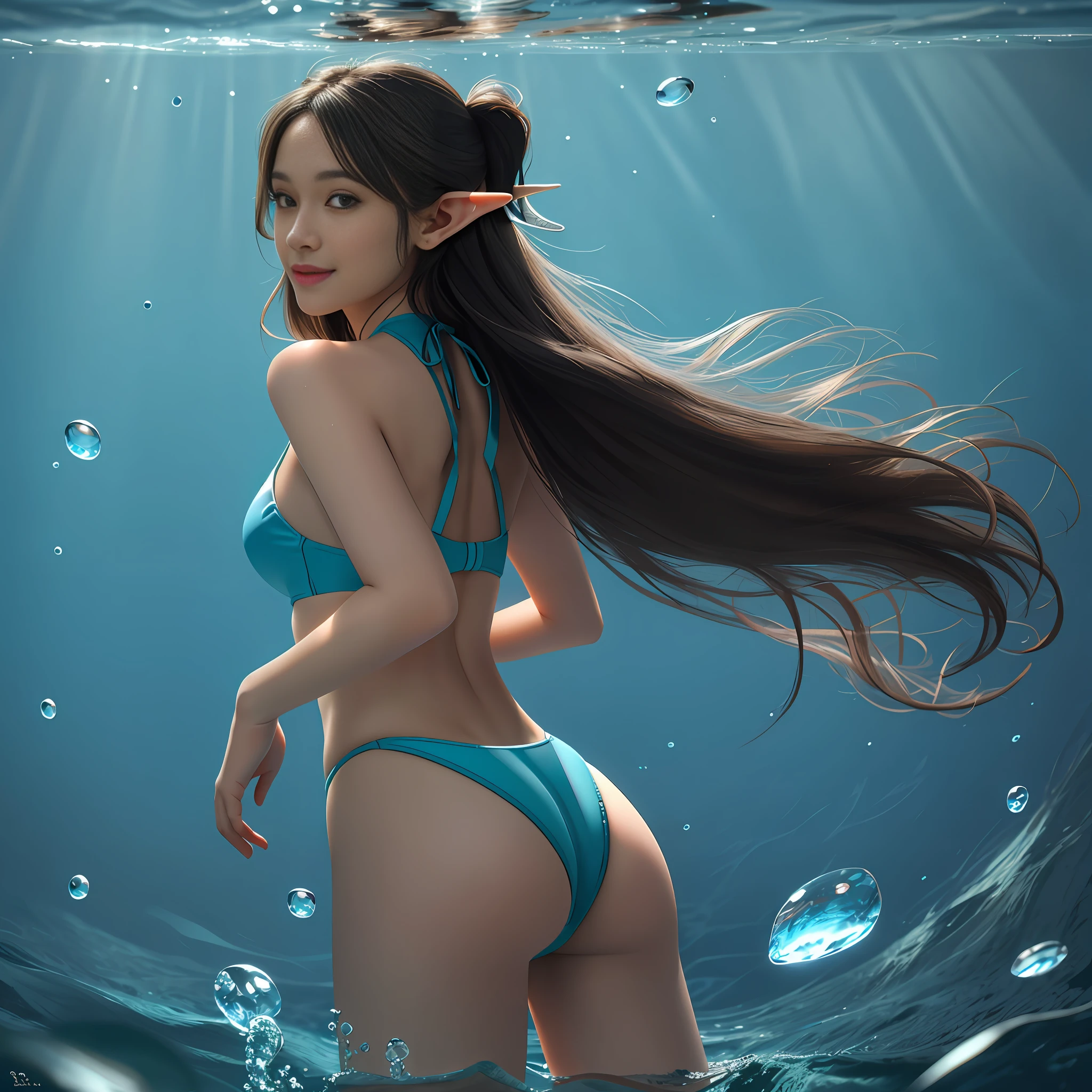 (Best Quality, Masterpiece: 1.4), (Realism: 1.2), (Absurdity: 1.2), 4K, Detailed, Ultra Detailed, Detailed Face, (Ultra Detailed Eyes: 1.2), Underwater, Sexy Beauty, Split Swimsuit, (Naked Back: 1.3), Smile, High Split End, Long Legs, Looking Back, Floating Long Black Hair, Point Ears, Elf Ears