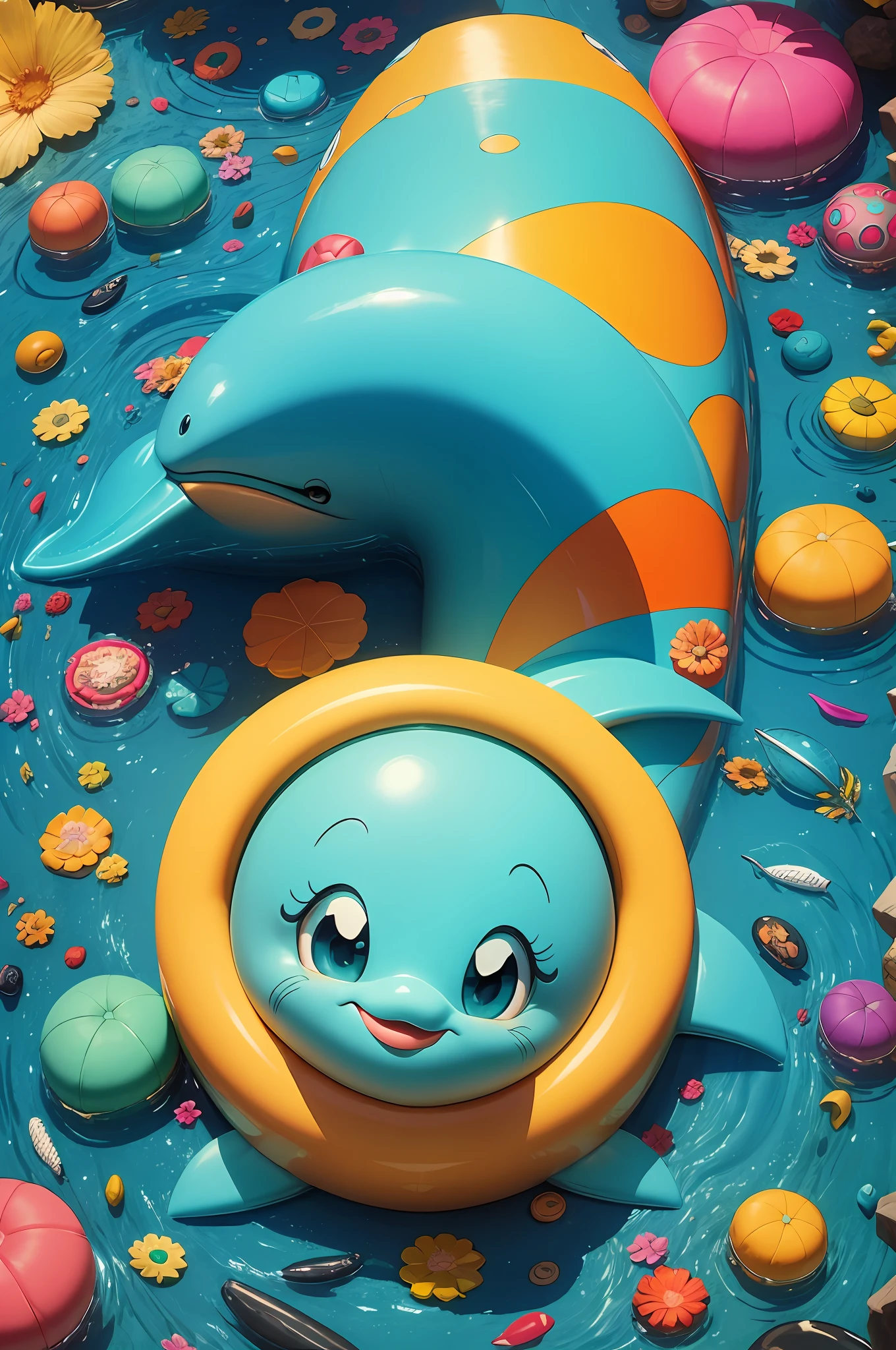 (low contrast), colorful fantasy style dolphin, cartoon, smile, beautiful artwork, cute round model, anthropomorphic, three-dimensional