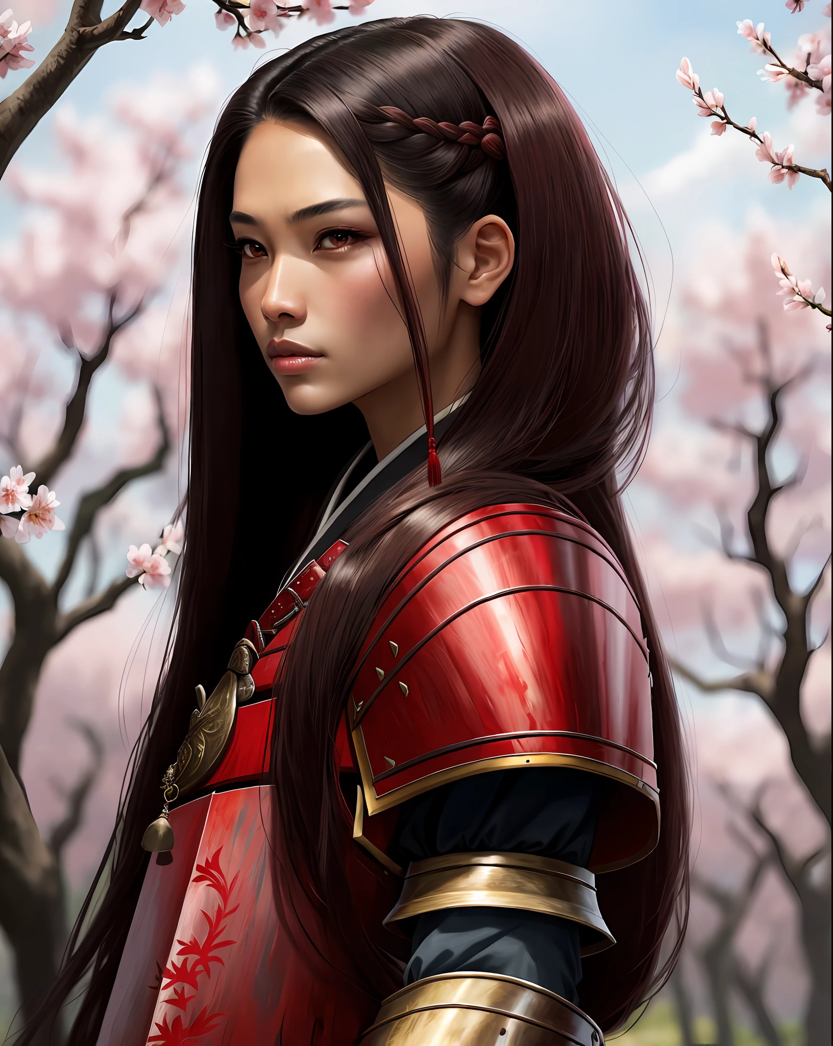 ((8k portrait of beautiful mixed asian woman, side profile, masterpice, side lighting)), long hair, detailed light samurai armor, ((blood red armor, black interior)), cinematic lighting, cherry blossoms, ashes, melancholy, obscure award-winning photography, Popular on Deviant Art, Best of ArtStation, by WLOP, outdoor, oriental lighting thick pink lips brown eyes sword and spear in hands