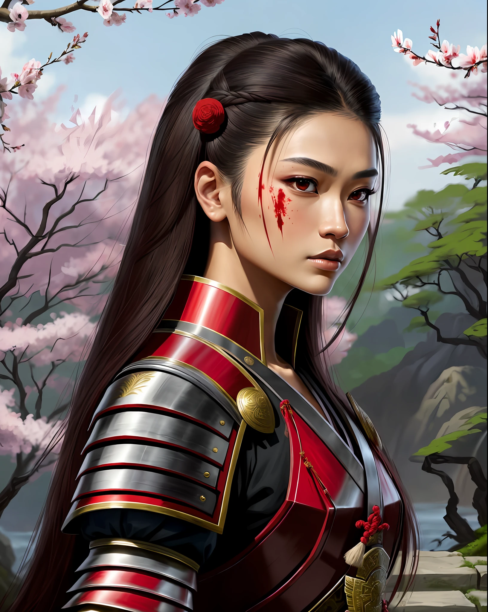 ((8k portrait of beautiful mixed asian woman, side profile, masterpice, side lighting)), long hair, detailed light samurai armor, ((blood red armor, black interior)), cinematic lighting, cherry blossoms, ashes, melancholy, obscure award-winning photography, Popular on Deviant Art, Best of ArtStation, by WLOP, outdoors, oriental lighting thick pink lips brown eyes and spear in hands ((8k portrait of beautiful mixed Asian woman,  side profile, masterpice, side lighting)), long hair, detailed light samurai armor, ((blood red armor, black interior)), cinematic lighting, cherry blossoms, ashes, melancholy, award-winning photography, Popular on Deviant Art, Best of ArtStation, by WLOP, outdoors, in attack position