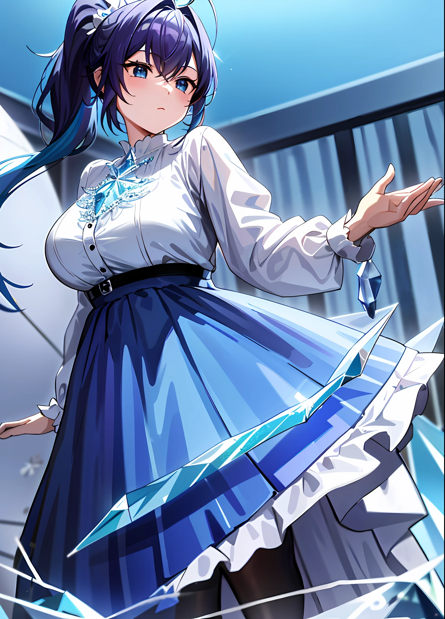 puuna, mastpiece, incredibly absurdres, best quality, all fours, 1girl, food awe, medium breasts, Aqua Blue hair and Aqua Blue (gradient hair:1.2), curtain Bangs, (short ponytail:1.3), dark brown eyes, detailed eyes, (crystalpunk style clothing and setting:1.4), wearing tiara and high-low skirt with no jewelry or neckwear, (harbor), beautiful background, amazing background