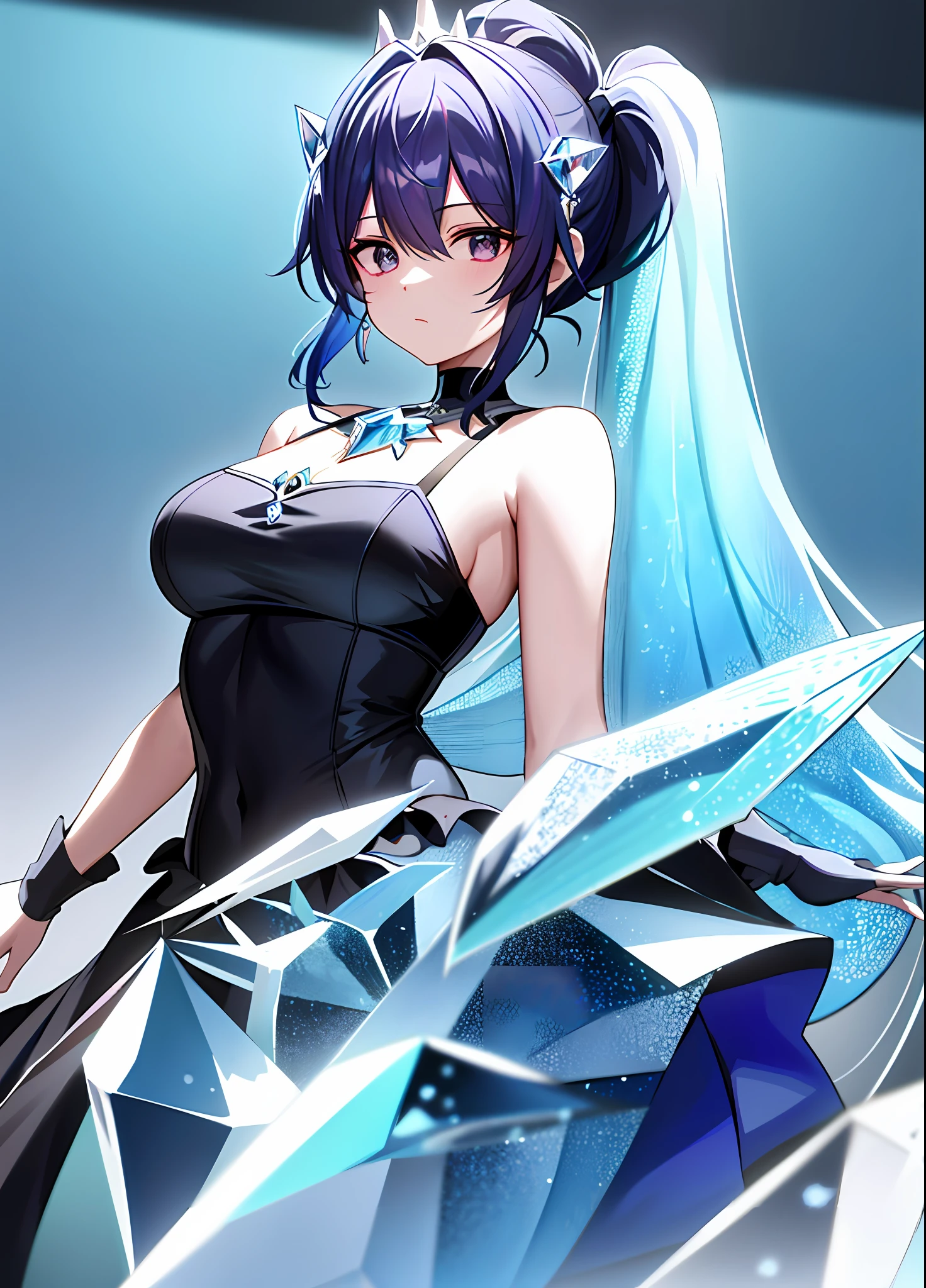 puuna, mastpiece, incredibly absurdres, best quality, all fours, 1girl, food awe, medium breasts, Aqua Blue hair and Aqua Blue (gradient hair:1.2), curtain Bangs, (short ponytail:1.3), dark brown eyes, detailed eyes, (crystalpunk style clothing and setting:1.4), wearing tiara and high-low skirt with no jewelry or neckwear, (harbor), beautiful background, amazing background