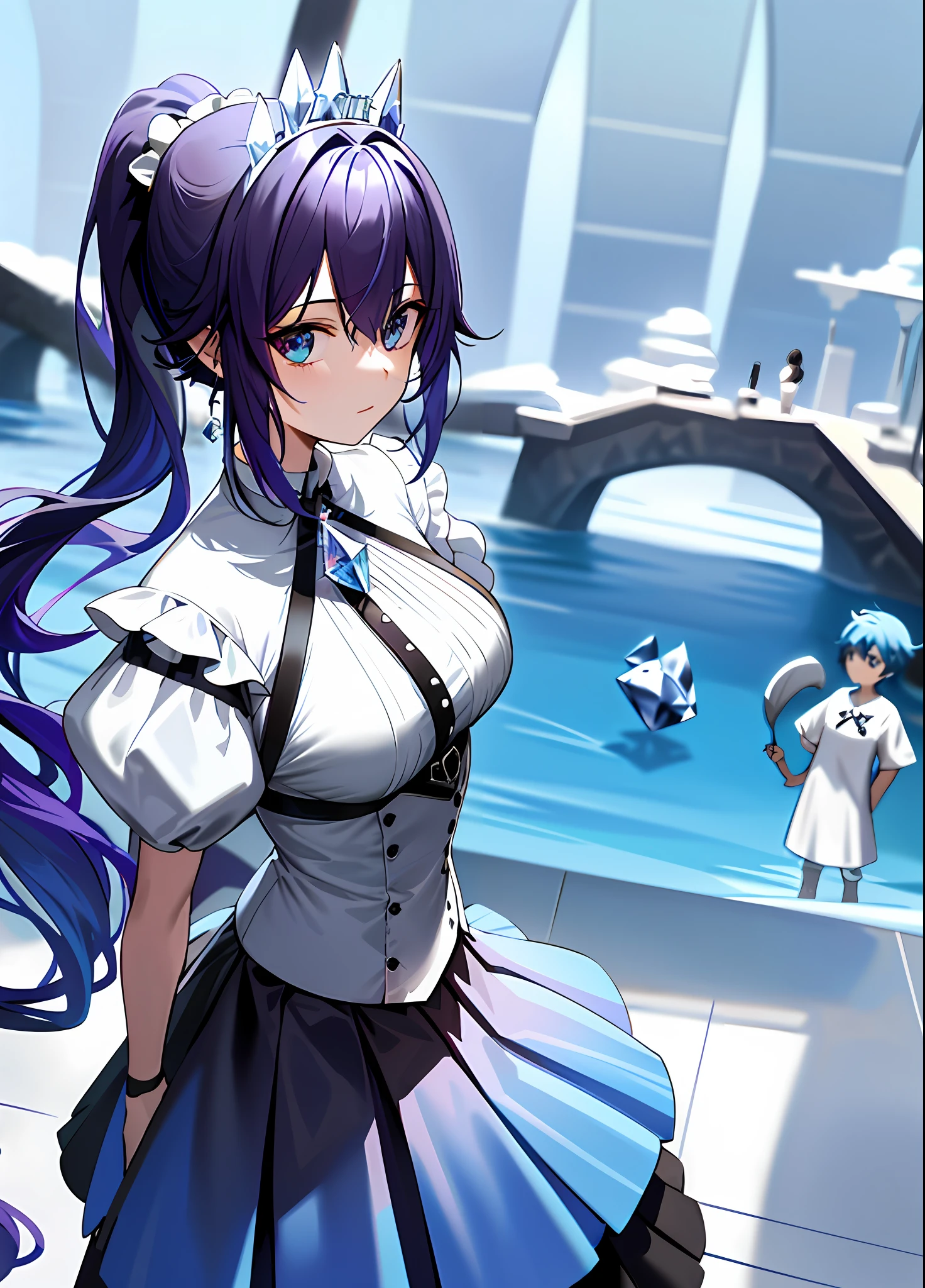 puuna, mastpiece, incredibly absurdres, best quality, all fours, 1girl, food awe, medium breasts, Aqua Blue hair and Aqua Blue (gradient hair:1.2), curtain Bangs, (short ponytail:1.3), dark brown eyes, detailed eyes, (crystalpunk style clothing and setting:1.4), wearing tiara and high-low skirt with no jewelry or neckwear, (harbor), beautiful background, amazing background