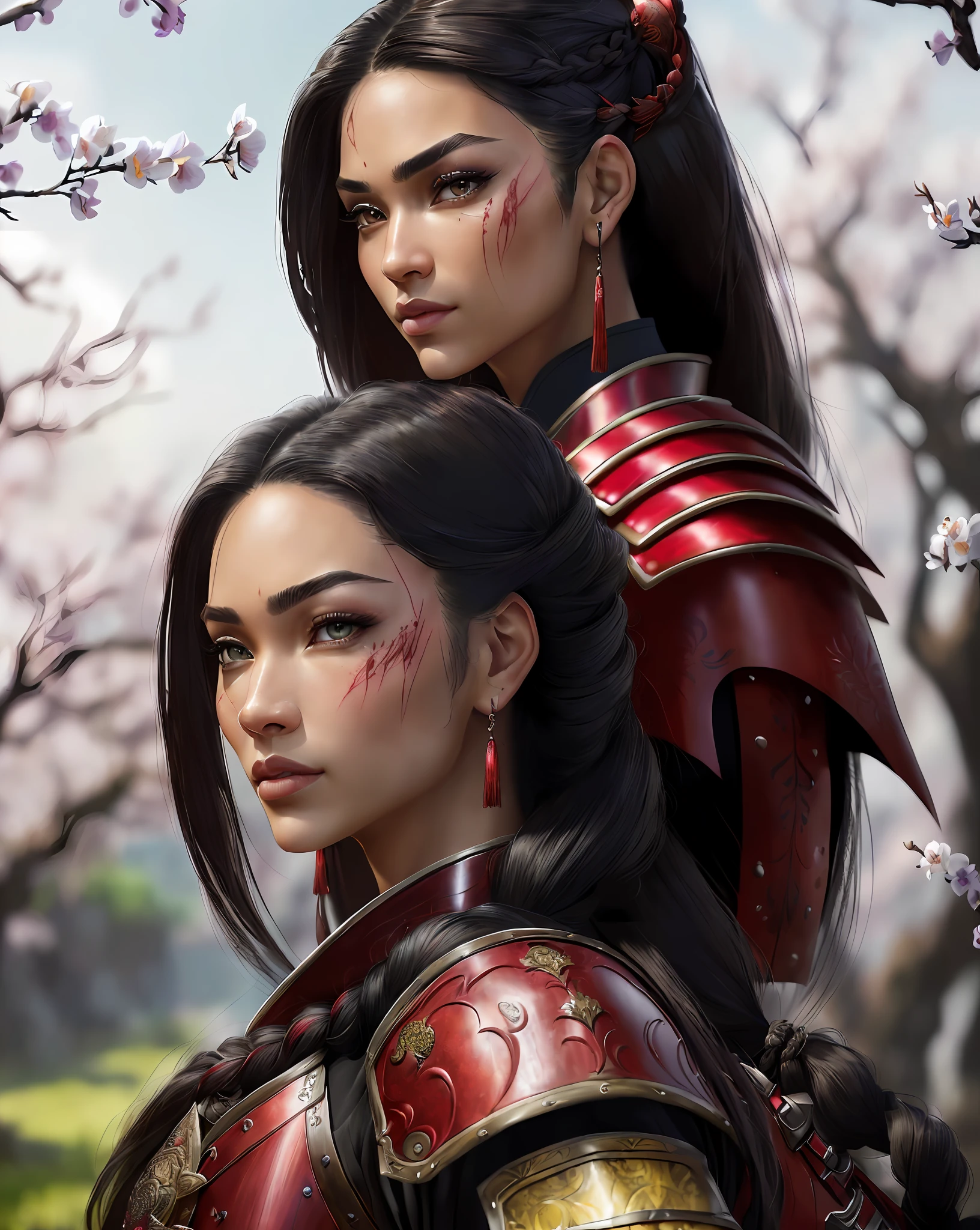 Bellabaron, beautiful woman, blonde hair, Spidergwen ((8k portrait of beautiful mixed Asian woman, side profile, masterpice, side lighting)), long hair, detailed light samurai armor, ((blood red armor, black interior)), cinematic lighting, cherry blossoms, ashes, melancholy, award-winning photography, Popular on Deviant Art, Best of ArtStation, by WLOP, outdoors, (photo (full body),  (wide-angle photo), (RAW,, Nikon Z 14mm ultra wide-angle lens, award-winning glamorous photography, ((best quality)), ((masterpiece)), ((realistic)), skin pores, subsurface scattering, radiant light rays, high resolution, detailed facial features, high detail, sharp focus, smooth, aesthetic, extremely detailed, (extremely detailed eyes, extremely detailed iris), extremely detailed candle hairs, extremely detailed eyebrows, extremely eyelashes  detailed, extremely detailed hair, extremely detailed body, extremely detailed skin, extremely detailed clothes, stamp, octane rendering, foto_\(ultra\), photorealistic, realistic, post-processing, maximum detail, realistic shadows, roughness, natural skin texture, real life, ultra-realistic, photorealism, photography, 8k UHD, photography, hdr, intricate, elegant, highly detailed, sharp focus), ((stunning, gorgeous, cute), (???? selfie, ???? ?????????,  sending a kiss, biting the lip, blinking, licking the lips, neckline selfie, low contrast), seductive smile, ???? smile, blush, eyeshadow, eyeliner, long lashes, immaculate matte makeup, intricate and detailed tattoos))Movie poster, ((braided hairstyle: 1.5)), Anime reference 86, science fiction, science fiction, science fiction, movies, war action movies, space, atmosphere, sky,  warship, various characters, women, adults, green eyes, black hair,