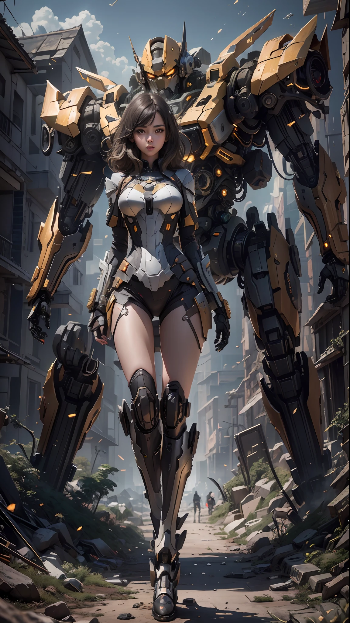 ((Best quality)), ((masterpiece)), (highly detailed:1.3), 3D,Shitu-mecha, beautiful cyberpunk women with her mecha in the ruins of city from a forgoten war, ancient technology,HDR (High Dynamic Range),Ray Tracing,NVIDIA RTX,Super-Resolution,Unreal 5,Subsurface scattering,PBR Texturing,Post-processing,Anisotropic Filtering,Depth-of-field,Maximum clarity and sharpness,Multi-layered textures,Albedo and Specular maps,Surface shading,Accurate simulation of light-material interaction,Perfect proportions,Octane Render,Two-tone lighting,Low ISO,White balance,Rule of thirds,Wide aperature,8K RAW,Efficient Sub-Pixel,sub-pixel convolution,luminescent particles,light scattering,Tyndall effect