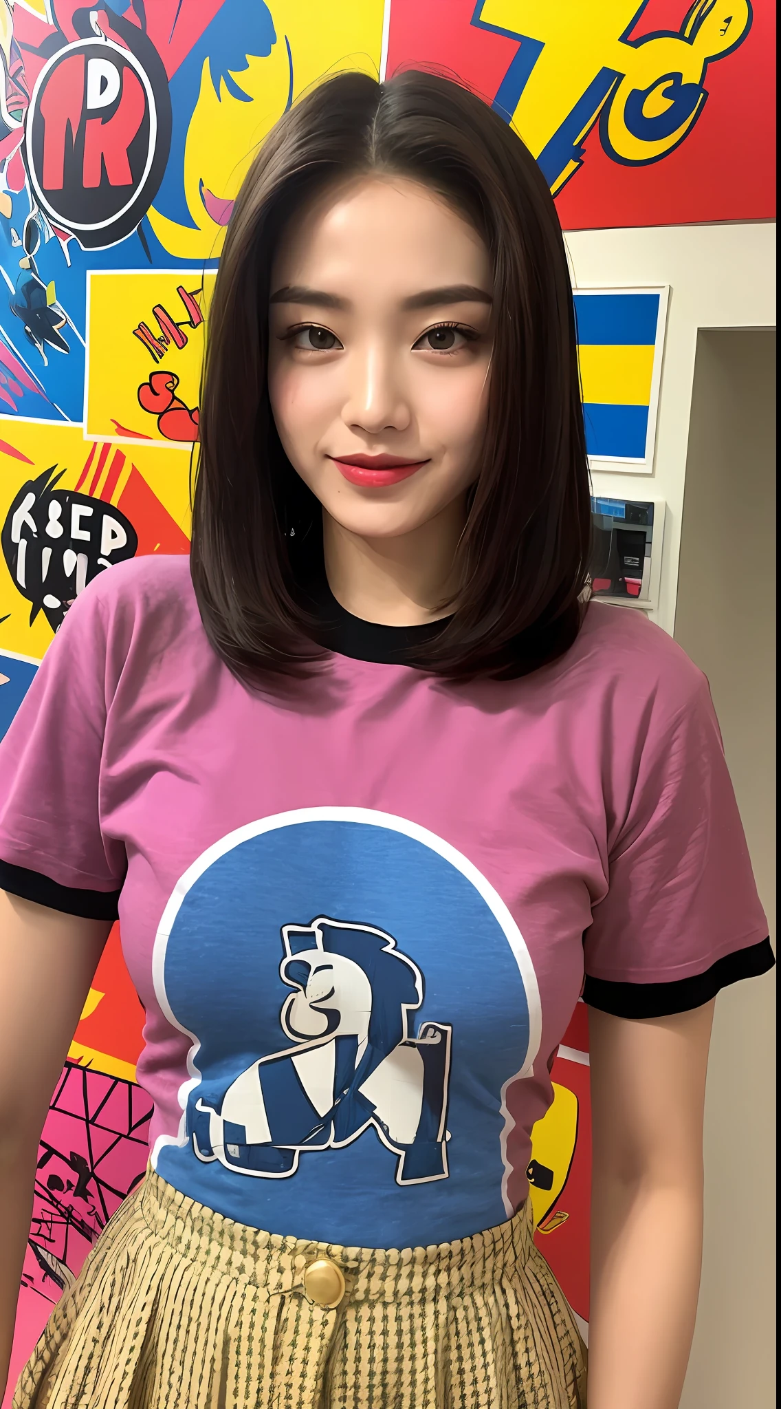 ((Best Quality, 8K, Masterpiece: 1.3)), 1girl, Slim Abs: 1.3, (Casual hairstyle, Big breasts: 1.2), Dress: 1.1, Super fine face, Fine eyes, Double eyelids, smile, Home, screen printing, silkscreen art, bold graphics, layered colors, printmaking technique, versatile medium, pop art influence