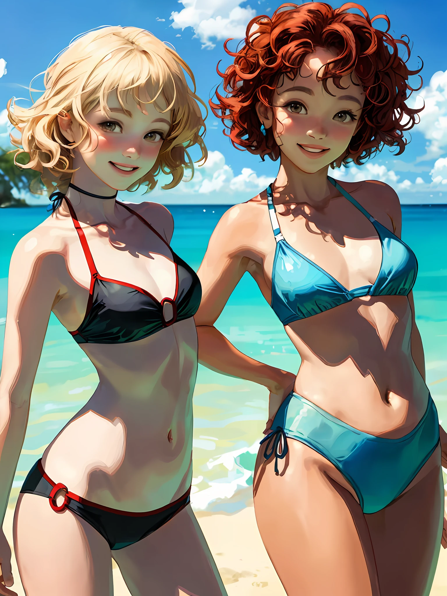 Woman beach photo shoot, bikinis, transparent clothes, curly hair, smiling with teeth, nice pose, posing, best quality, realistic, masterpiece, chubby, small breast