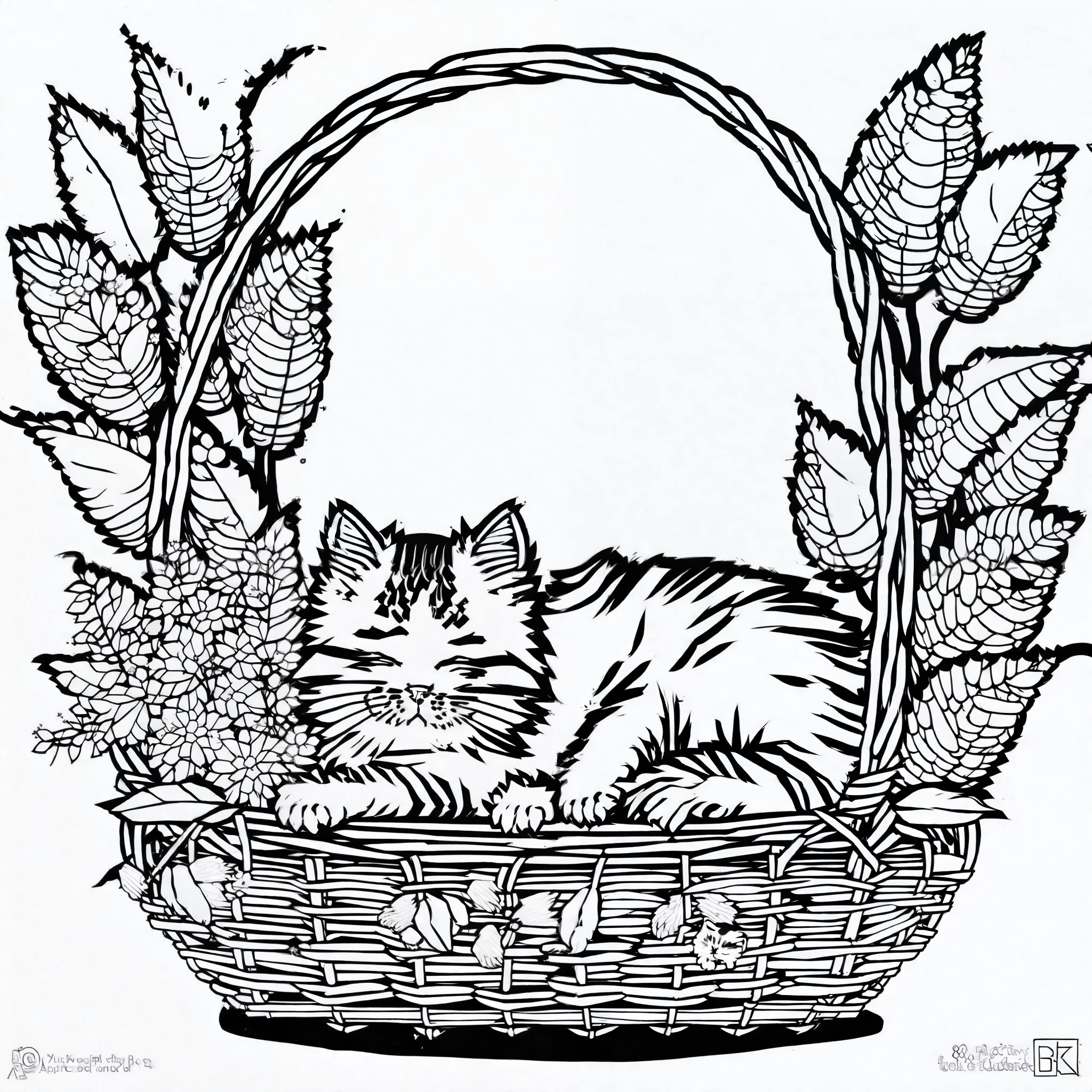 ((A cute adorable little cat slepping in a basket)), intricate details, thin lines, simple, (white background), line art detailed, full page, on paper, black and white, flowers around, 8k resolution, coloring book for kids, perfecty anatomy, free lines, --ar2:3