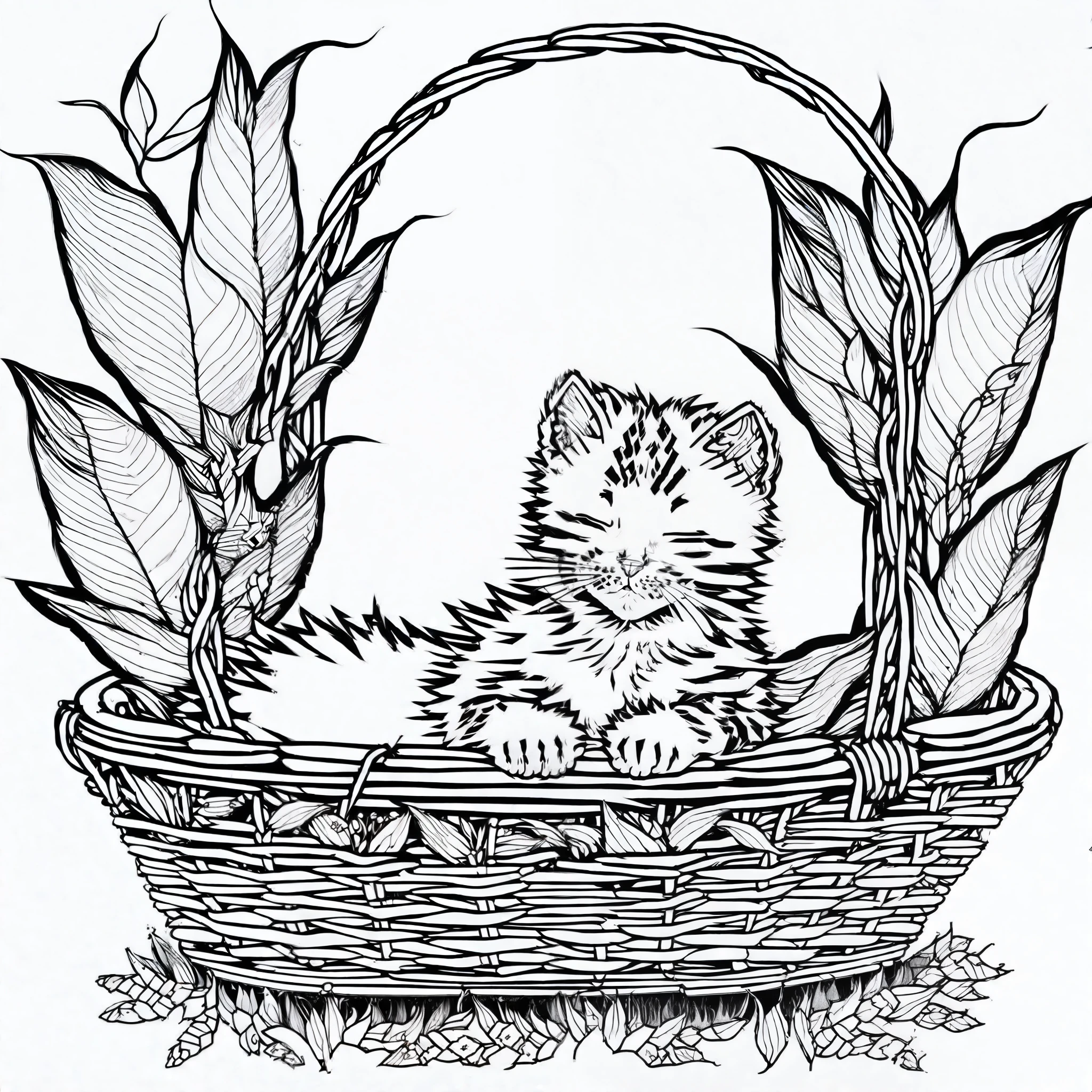 ((A cute adorable little cat slepping in a basket)), intricate details, thin lines, simple, (white background), line art detailed, full page, on paper, black and white, flowers around, 8k resolution, coloring book for kids, perfecty anatomy, free lines, --ar2:3