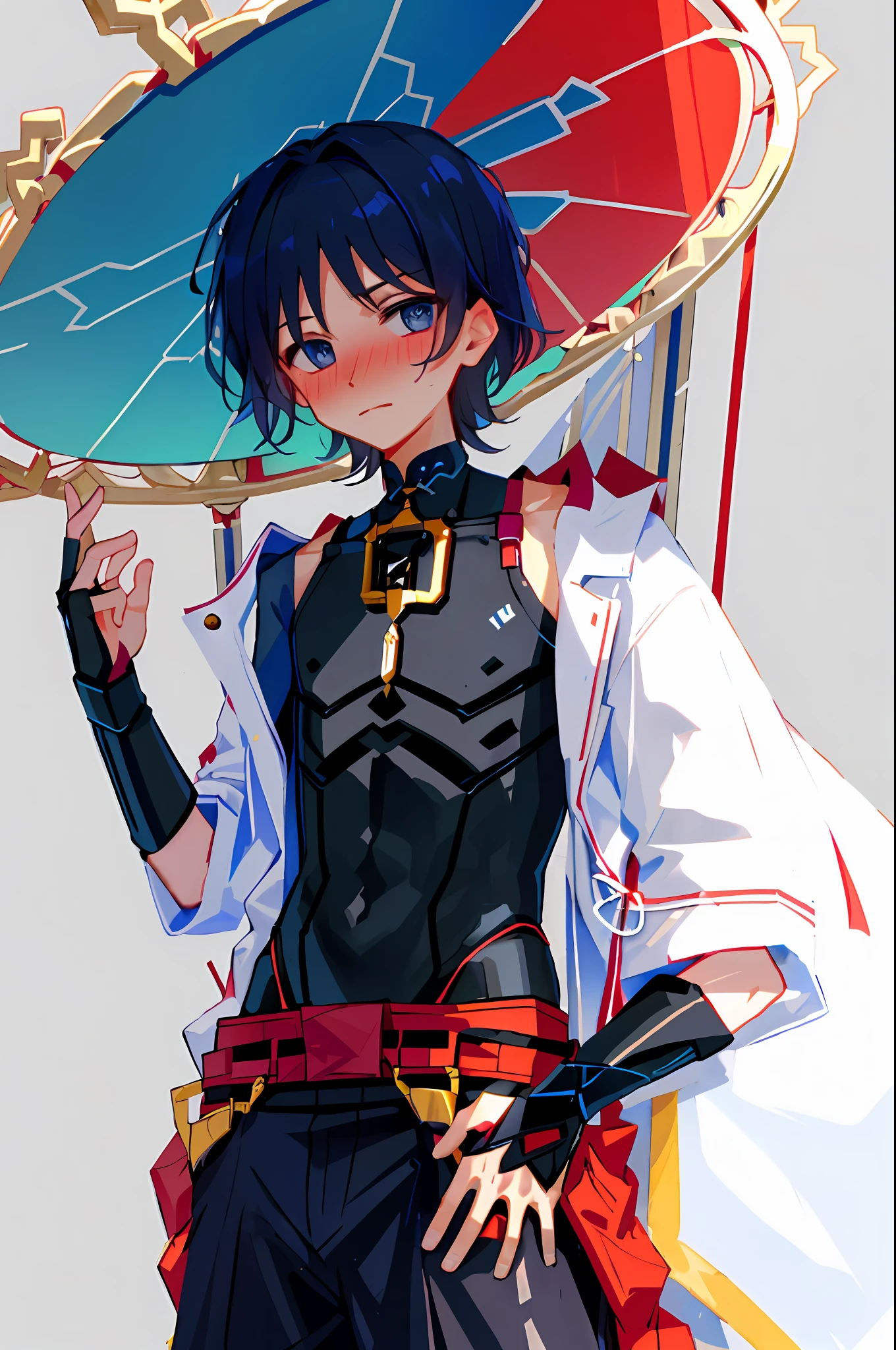 Wanderer, 1male, solo, short_hair, blush, (blushing), simple_background, ((shy)), nervous, awkward, flustured, handsome, lying on a bed