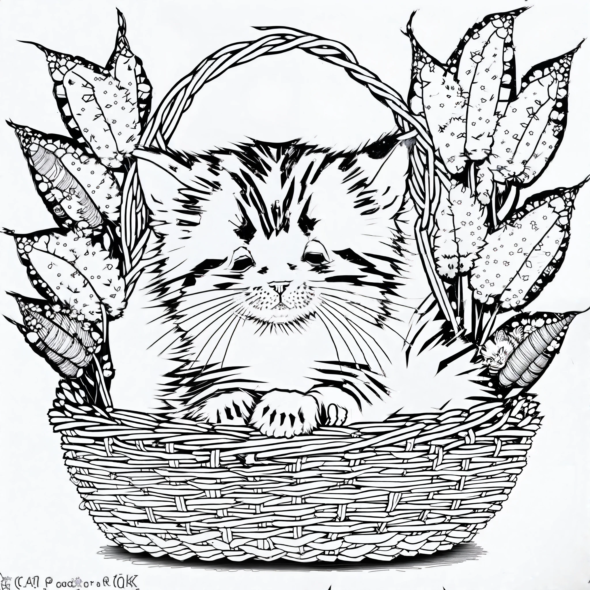 ((A cute adorable little cat slepping in a basket)), intricate details, thin lines, simple, (white background), line art detailed, full page, on paper, black and white, flowers around, 8k resolution, coloring book for kids, perfecty anatomy, free lines, --ar2:3