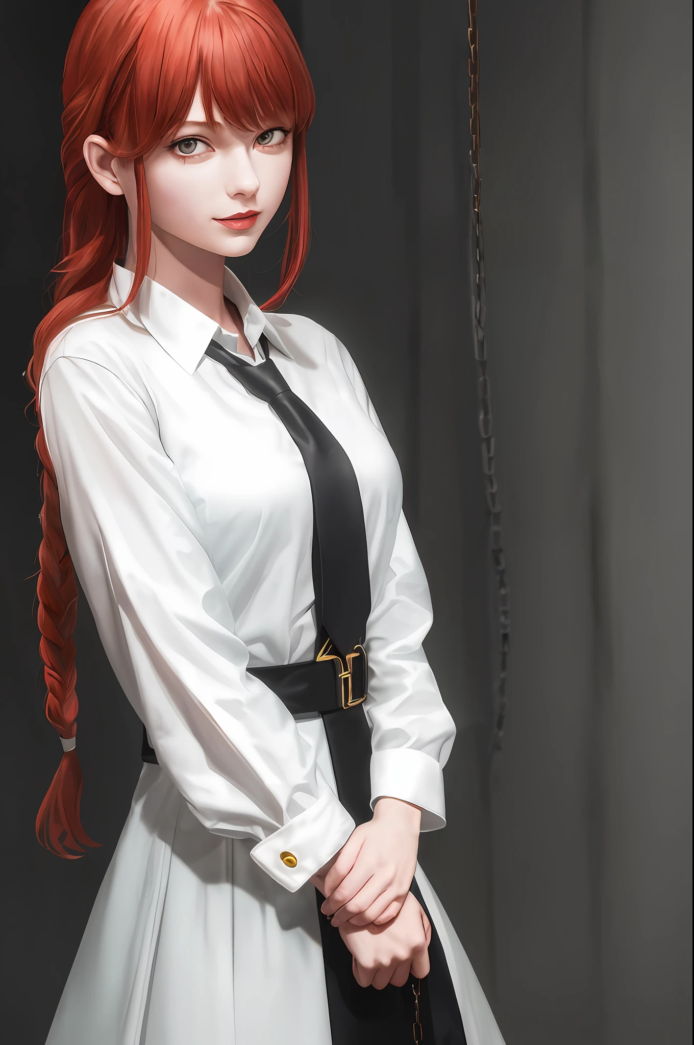 (masterpiece), (best quality), makima with Taylor Swift's face \ (chainsaw man\), best quality, ultra detailed, 1girl, solo, standing, red hair, long braided hair, golden eyes, bangs, medium breasts, tie, look, smile, (bad: 1.2), looking at the viewer, (interview: 1.3), (dark background, chains: 1.3) breasts out,