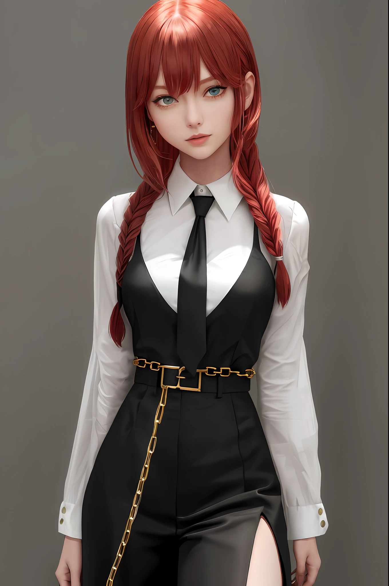 (masterpiece), (best quality), makima with Taylor Swift's face \ (chainsaw man\), best quality, ultra detailed, 1girl, solo, standing, red hair, long braided hair, golden eyes, bangs, medium breasts, tie, look, smile, (bad: 1.2), looking at the viewer, (interview: 1.3), (dark background, chains: 1.3) breasts out,