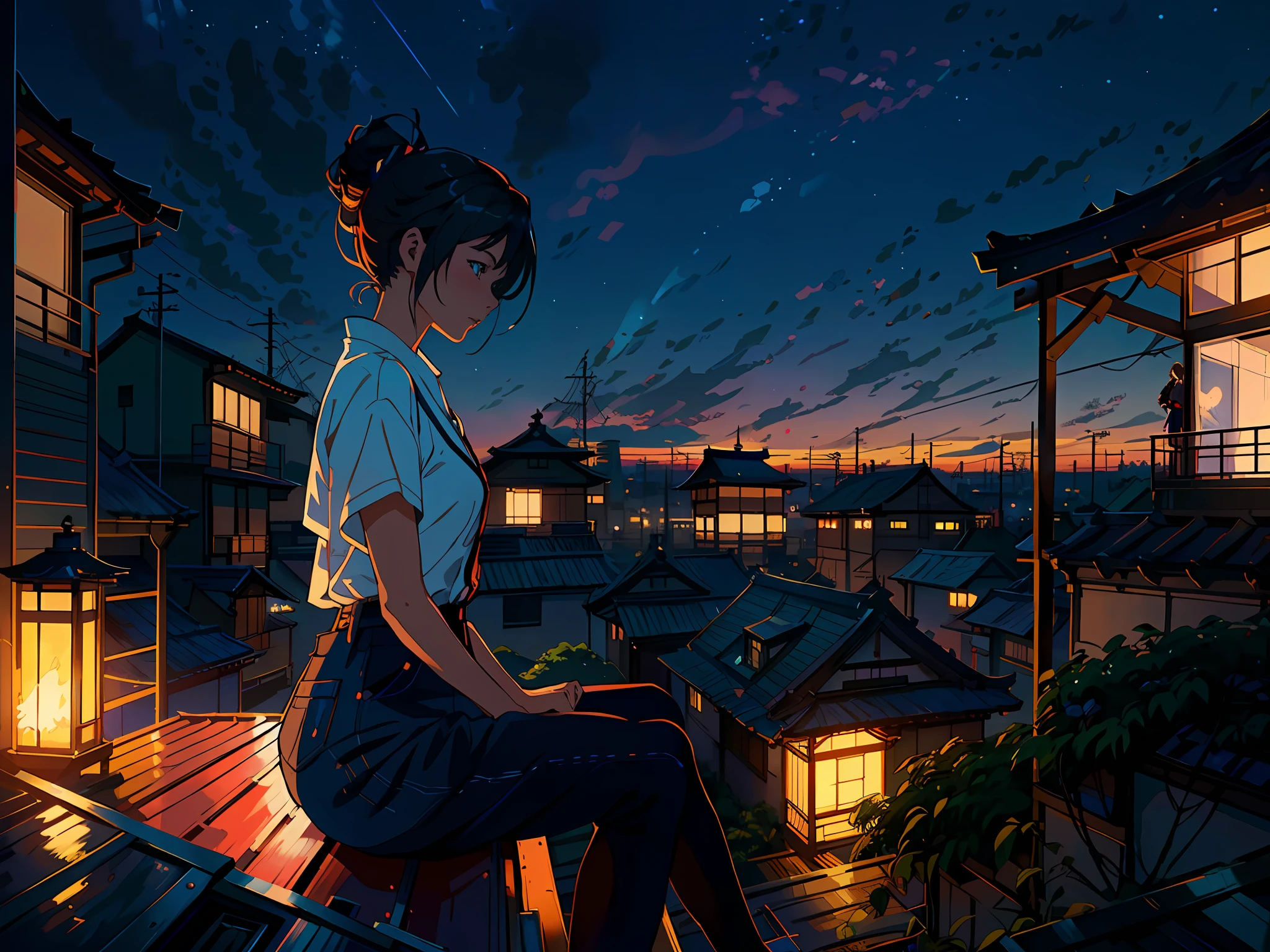 Realistic, real life, beautiful Cute Girl sitting on a roof looking down at a city below, extremely detailed by greg rutkowski makoto shinkai kyoto animation key art feminine mid shot, style of laurie greasley, studio ghibli, akira toriyama, james gilleard, genshin impact, trending pixiv fanbox, acrylic palette knife, 4k, vibrant colors, devinart, trending on artstation