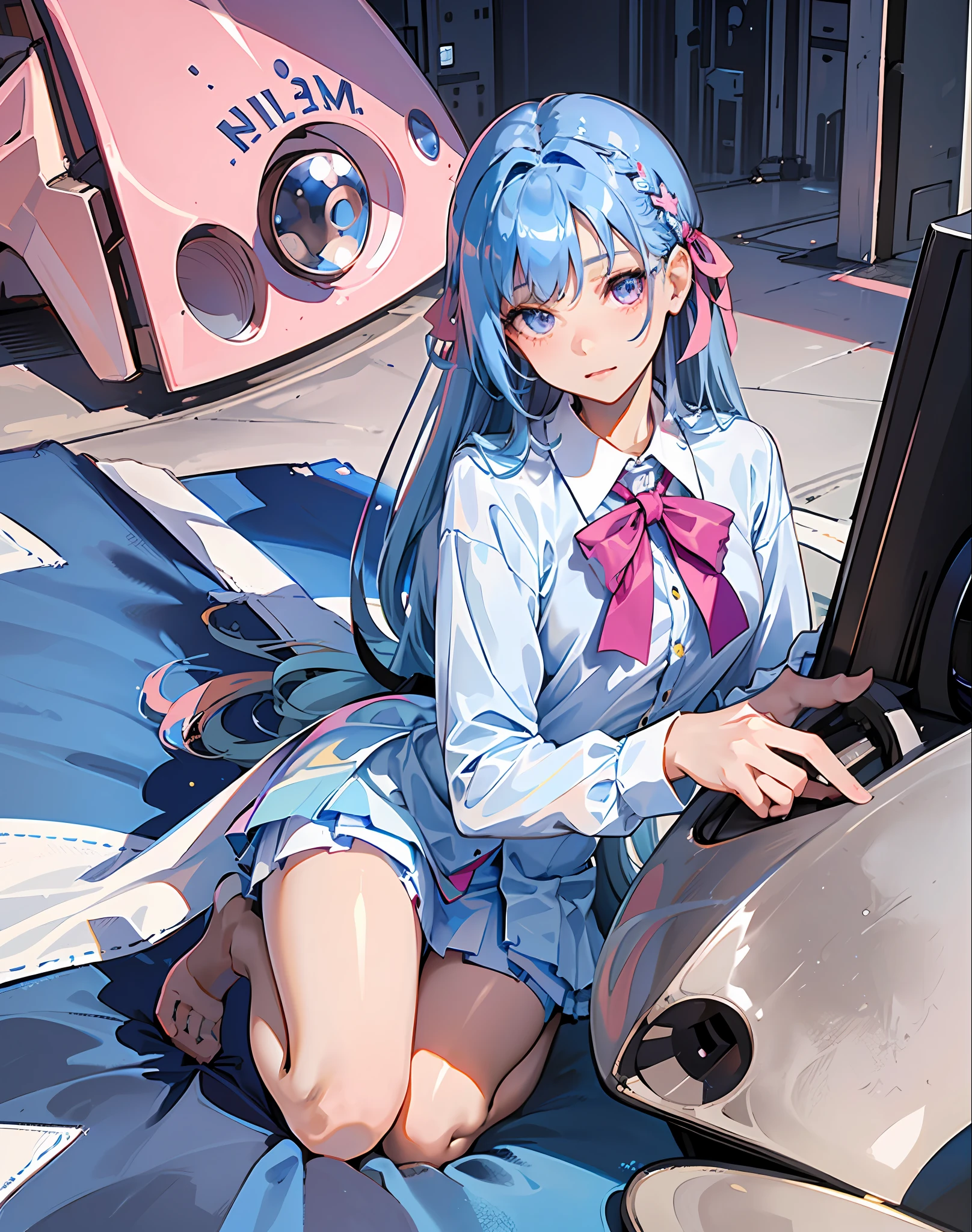 (detailed beautiful eyes and detailed face, masterpiece side light, masterpiece, best quality, detailed, high-resolution illustration), (1 girl, beautiful girl, shiny skin), (sky blue hair, pink eyes, skirt, ribbon, button-shirt) (kneeling on the ground), 20d,
