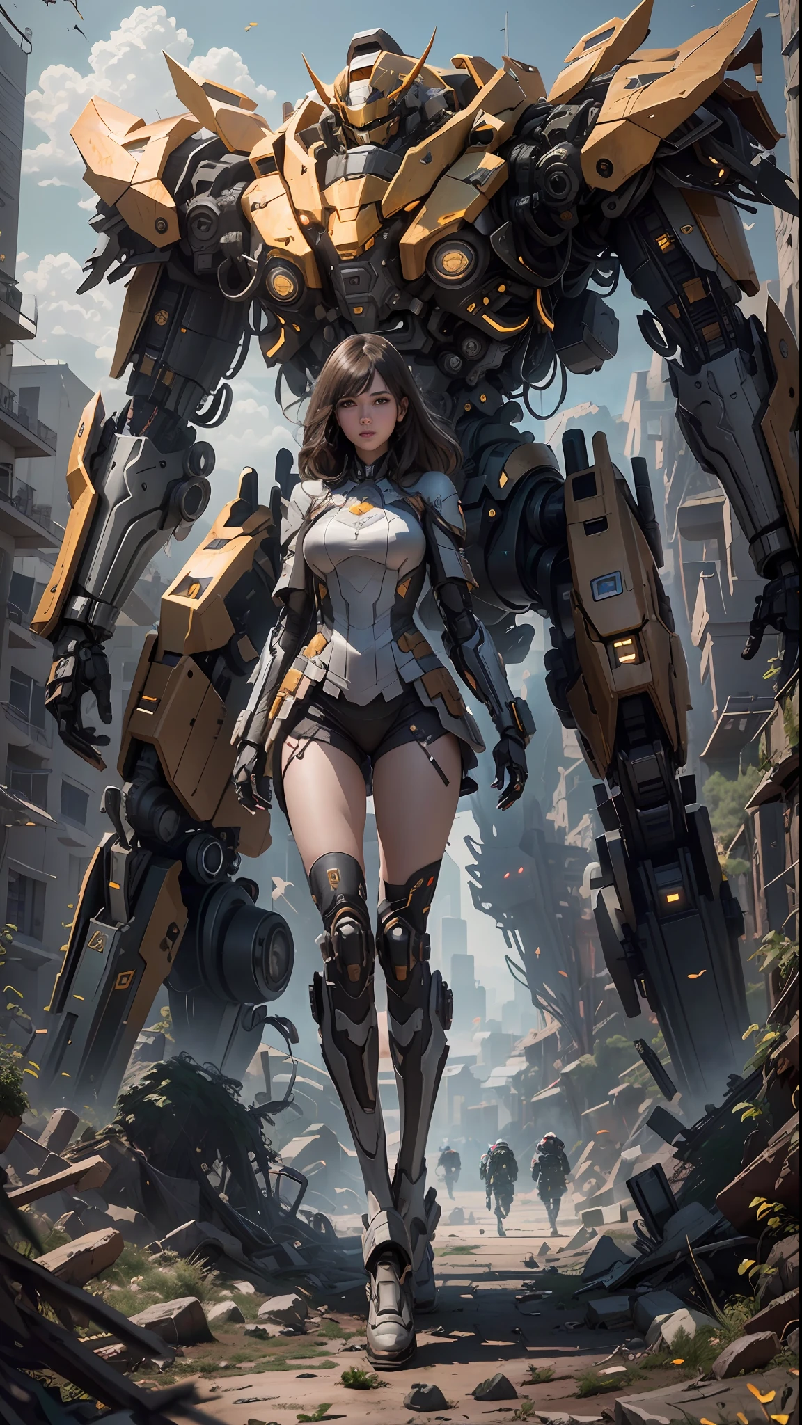 ((Best quality)), ((masterpiece)), (highly detailed:1.3), 3D,Shitu-mecha, beautiful cyberpunk women with her mecha in the ruins of city from a forgoten war, ancient technology,HDR (High Dynamic Range),Ray Tracing,NVIDIA RTX,Super-Resolution,Unreal 5,Subsurface scattering,PBR Texturing,Post-processing,Anisotropic Filtering,Depth-of-field,Maximum clarity and sharpness,Multi-layered textures,Albedo and Specular maps,Surface shading,Accurate simulation of light-material interaction,Perfect proportions,Octane Render,Two-tone lighting,Low ISO,White balance,Rule of thirds,Wide aperature,8K RAW,Efficient Sub-Pixel,sub-pixel convolution,luminescent particles,light scattering,Tyndall effect