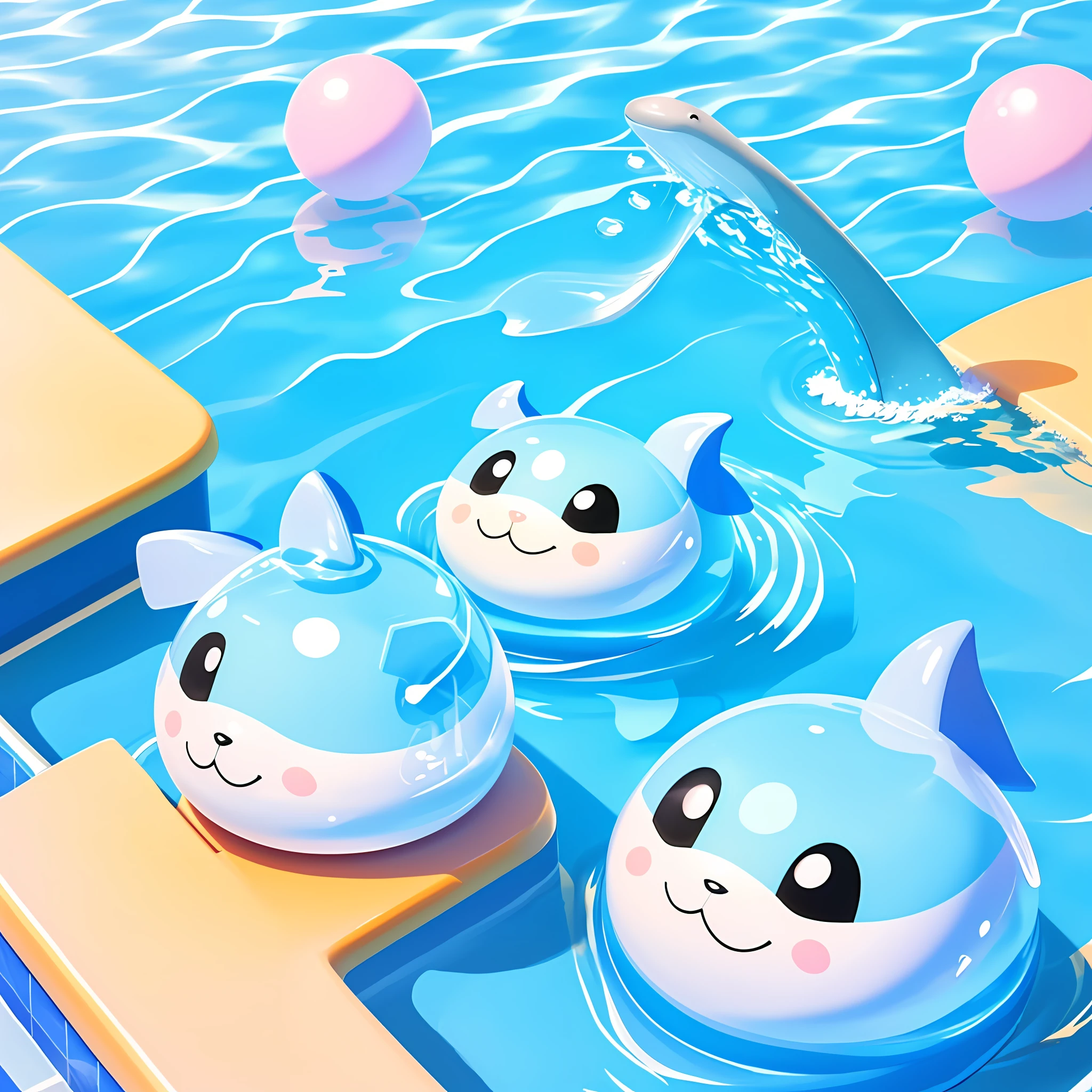 There is a blue dolphin floating in the pool with lots of balls, cute digital painting, cute 3D rendering, cute detail digital art, cute! c4d, cute digital art, bubbles", cute artwork, in the water, swimming pool, splash character art, inspired by Yue Minjun, 3d illustration, 3d illustration, cartoon digital painting