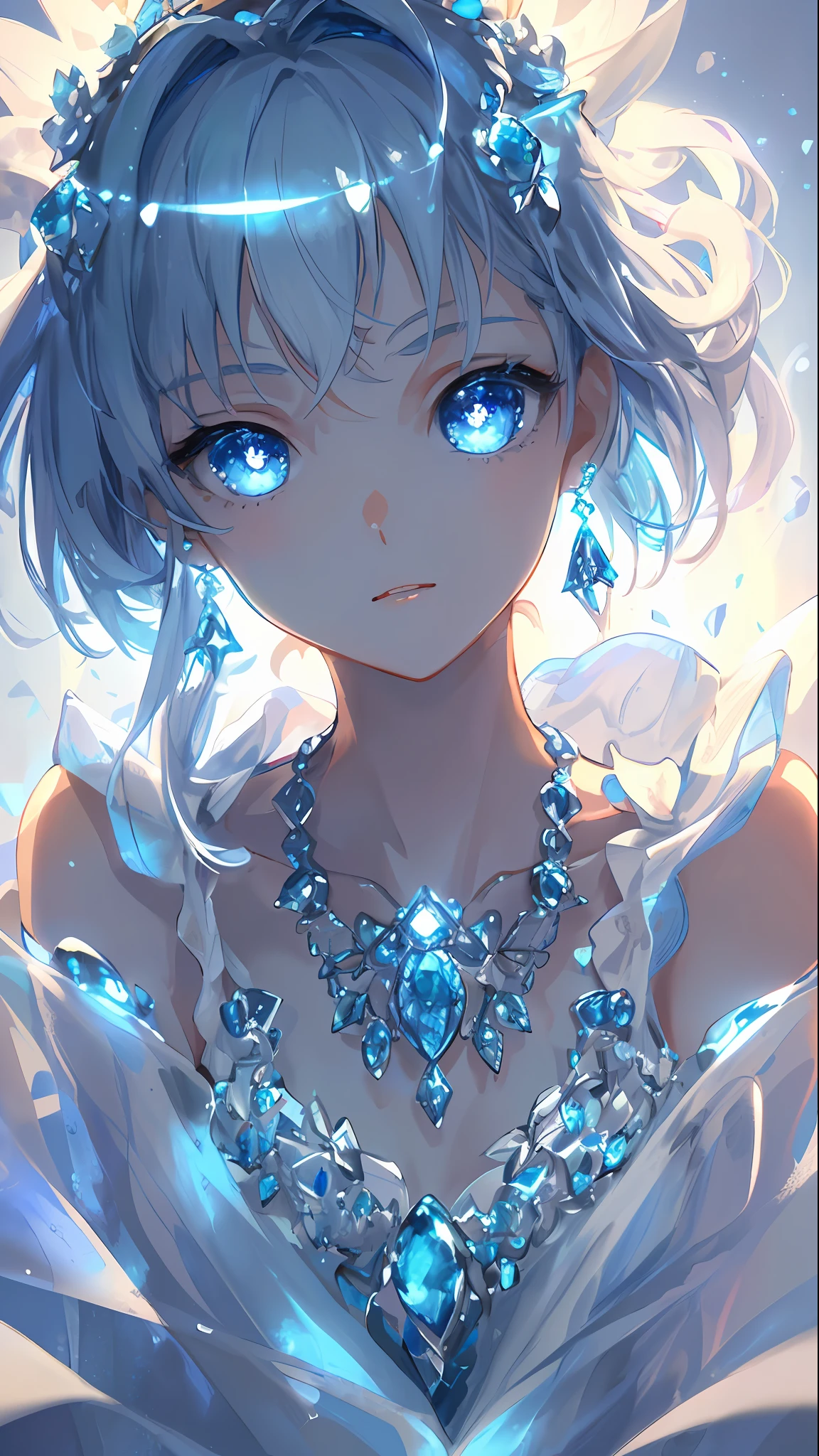 masterpiece, best quality, illustration, sax blue, platinum earrings, platinum necklace, white dress, 1girl, cute, (dynamic lighting:1.2), cinematic lighting, delicate facial features, detailed eyes, sharp pupils, realistic pupils, depth of field, bokeh, sharp focus, (hyper-detailed, bloom, glow:1.4), many small gems