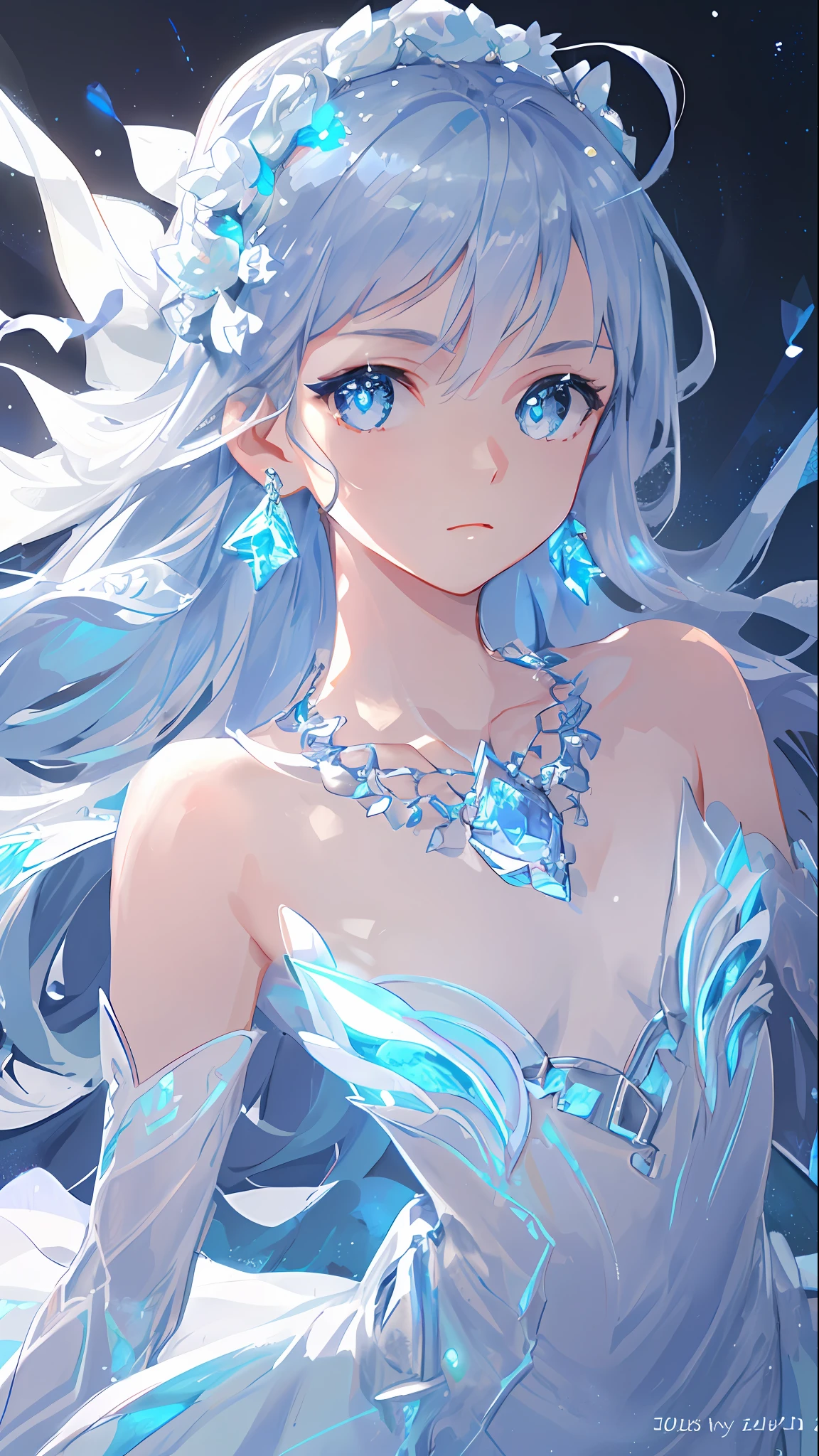 masterpiece, best quality, illustration, sax blue, platinum earrings, platinum necklace, white dress, 1girl, cute, (dynamic lighting:1.2), cinematic lighting, delicate facial features, detailed eyes, sharp pupils, realistic pupils, depth of field, bokeh, sharp focus, (hyper-detailed, bloom, glow:1.4), many small gems