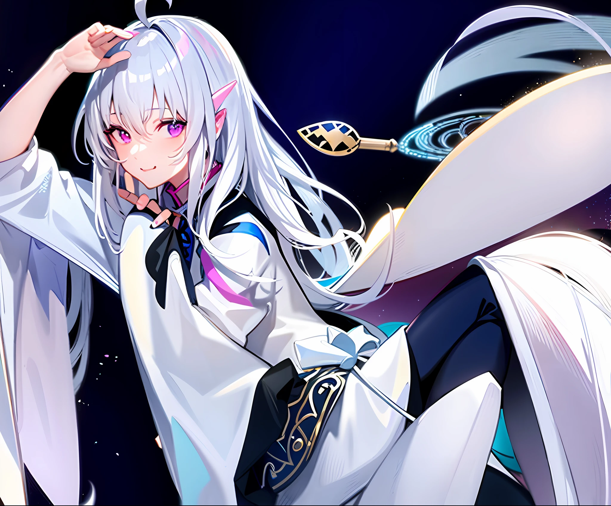 anime girl with long white hair and blue eyes sitting on a chair, white haired deity, white haired, white-haired, tsuaii, official artwork, white haired lady, anime cover, official art, key anime art, reincarnated as a slime, hajime yatate, ayaka genshin impact, girl with white hair, kantai collection style
