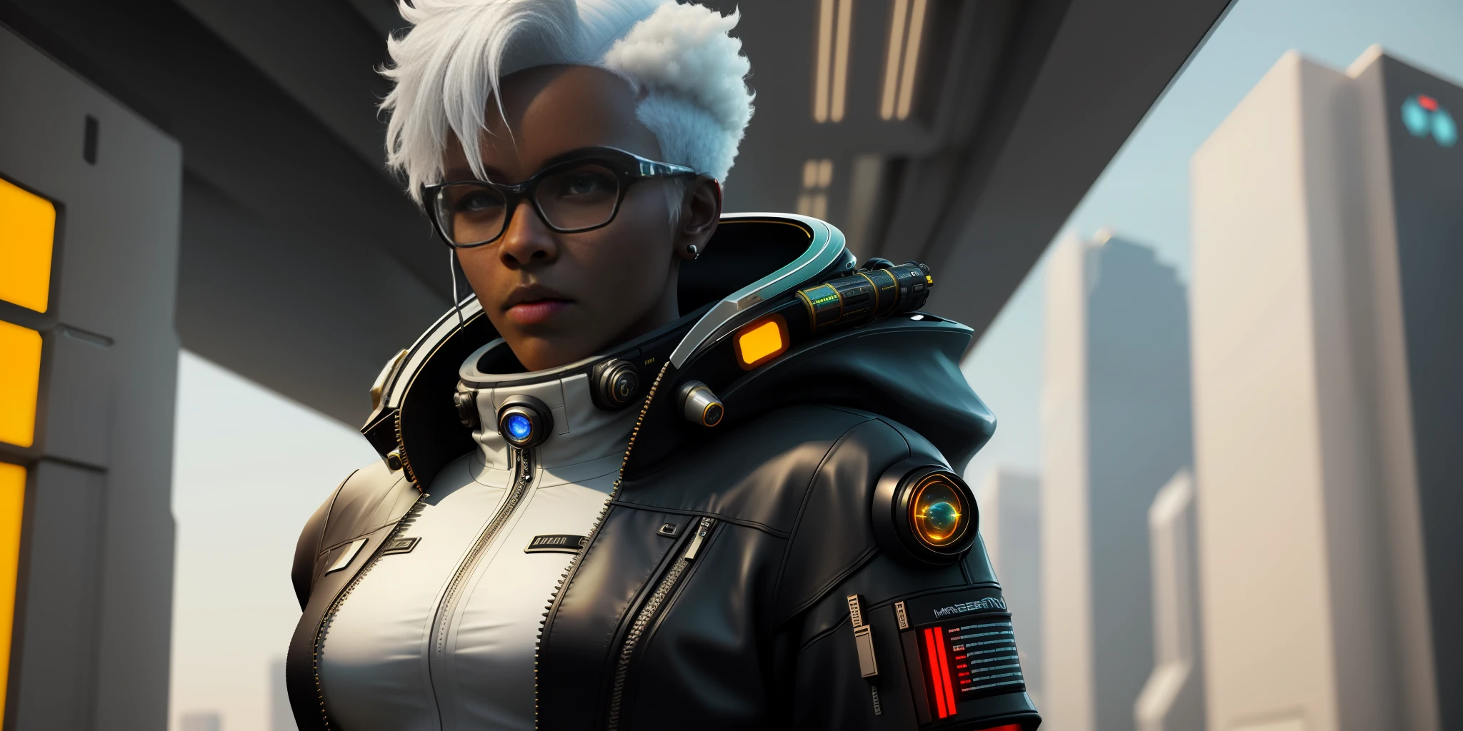 ((Best quality)), ((masterpiece)), (detailed: 1.4), 3D, cyberpunk, a gorgeous black-skinned space pilot with short white hair