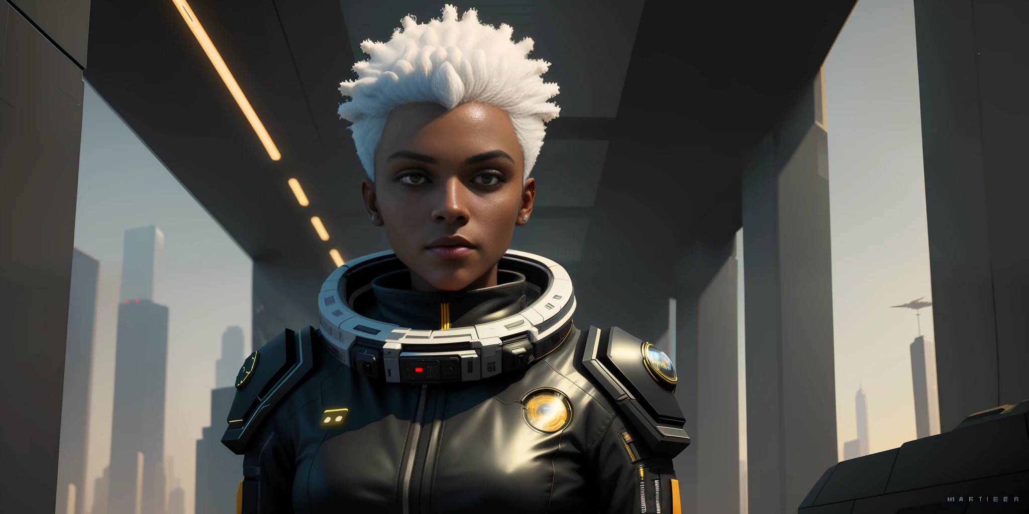 ((Best quality)), ((masterpiece)), (detailed: 1.4), 3D, cyberpunk, a gorgeous black-skinned space pilot with short white hair