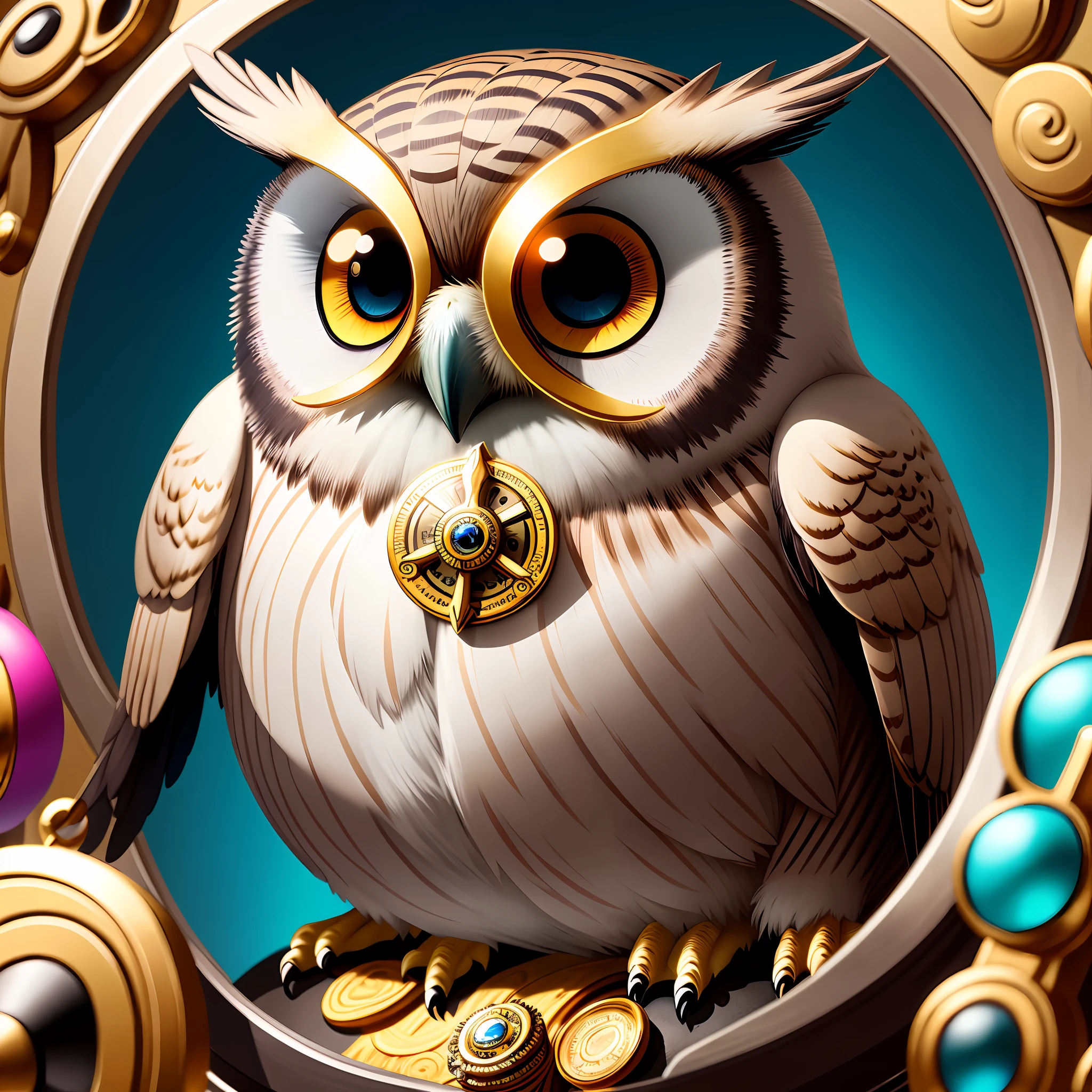 Owl with monocle, bright colors, background with sculptures made of gold, 8k quality, cinematic focus, splendid